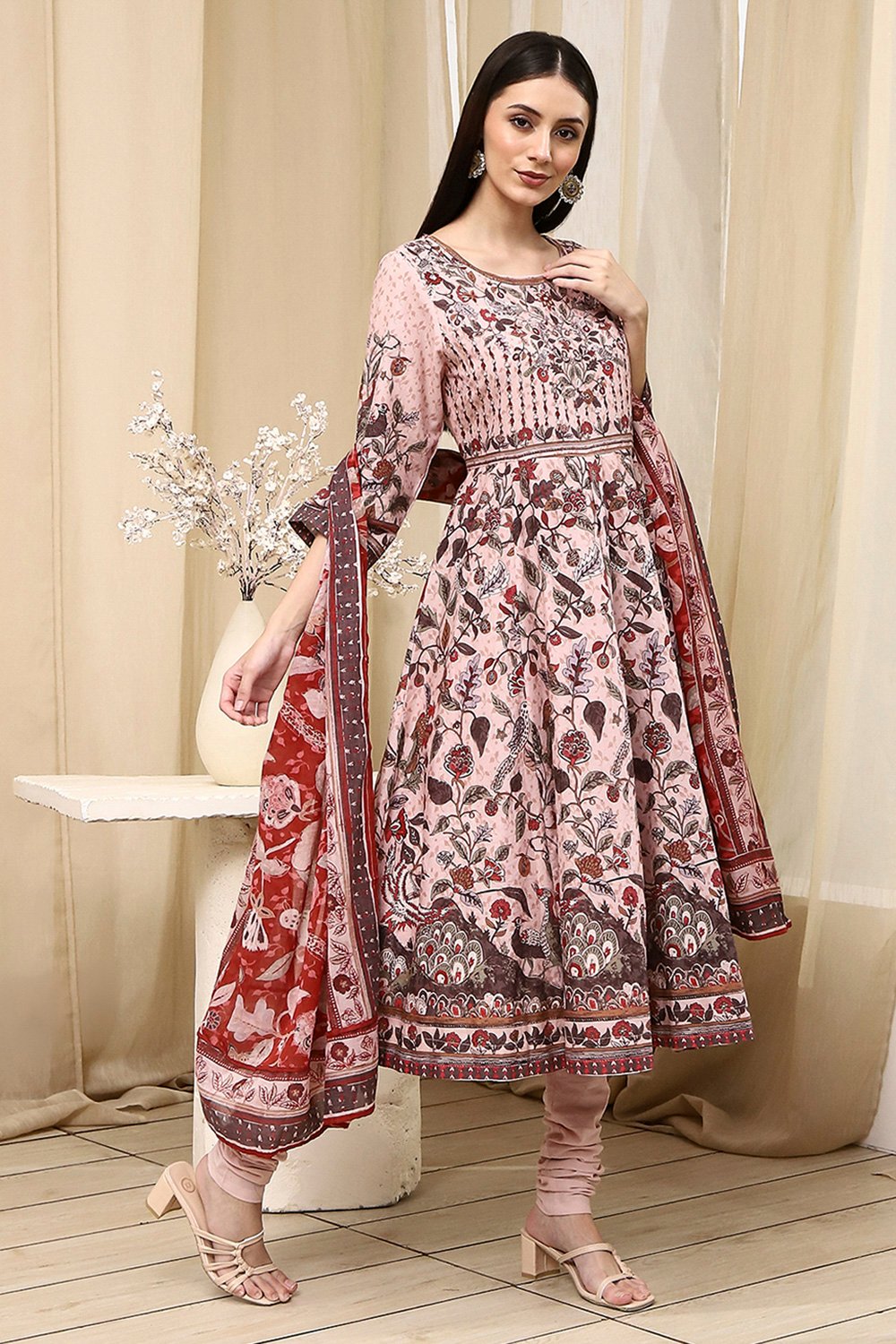 Beige Cotton Anarkali Printed Kurta Suit Set image number 5
