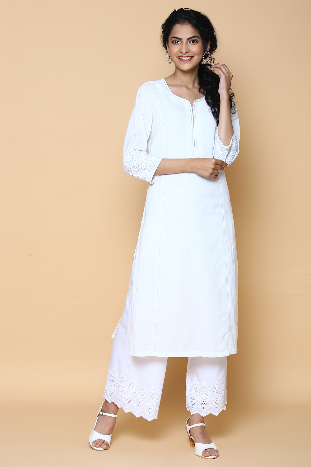 Peach Blue Cotton Linen Kurta image number 3