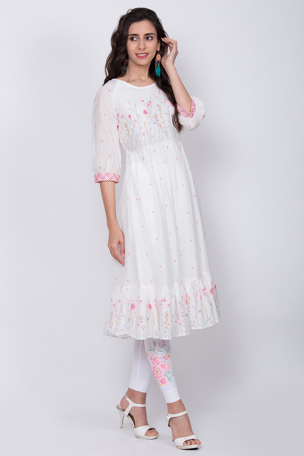 White Cotton Flared Printed Kurta image number 3