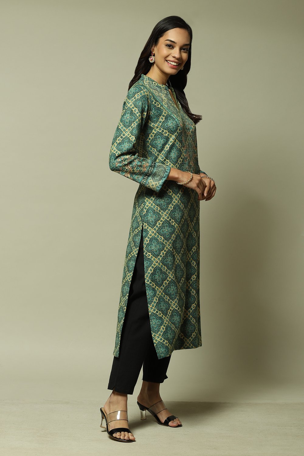 Orange Acrylic Straight Printed Kurta image number 2
