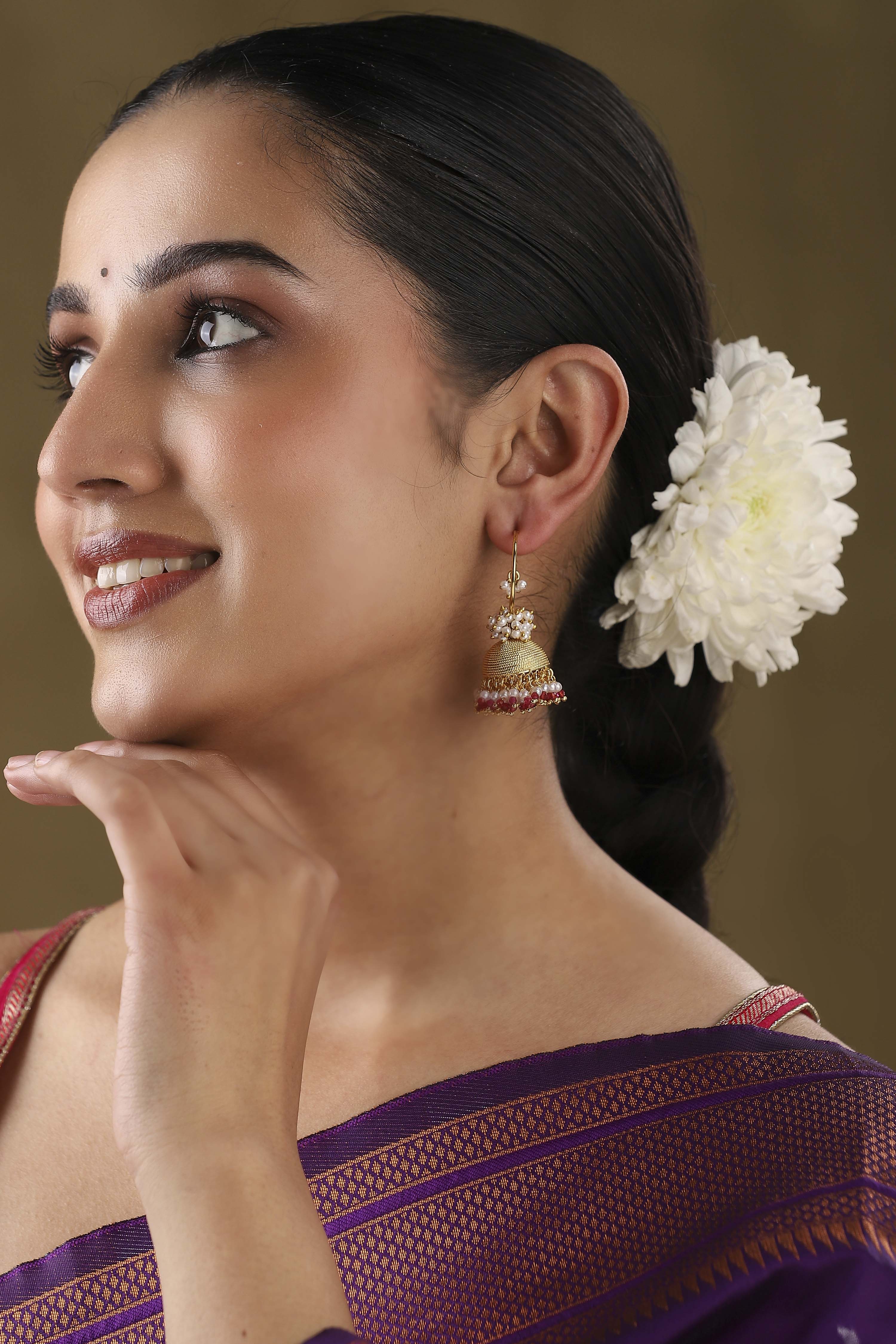 Pink Gold Plated Brass Pearl Studded Jhumkas image number 3