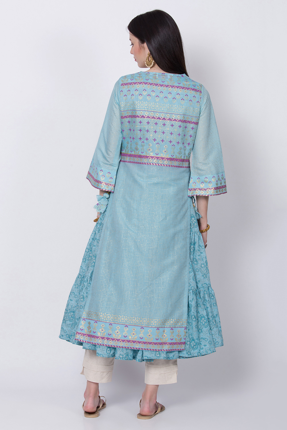 Blue Art Silk Flared Printed Kurta image number 5