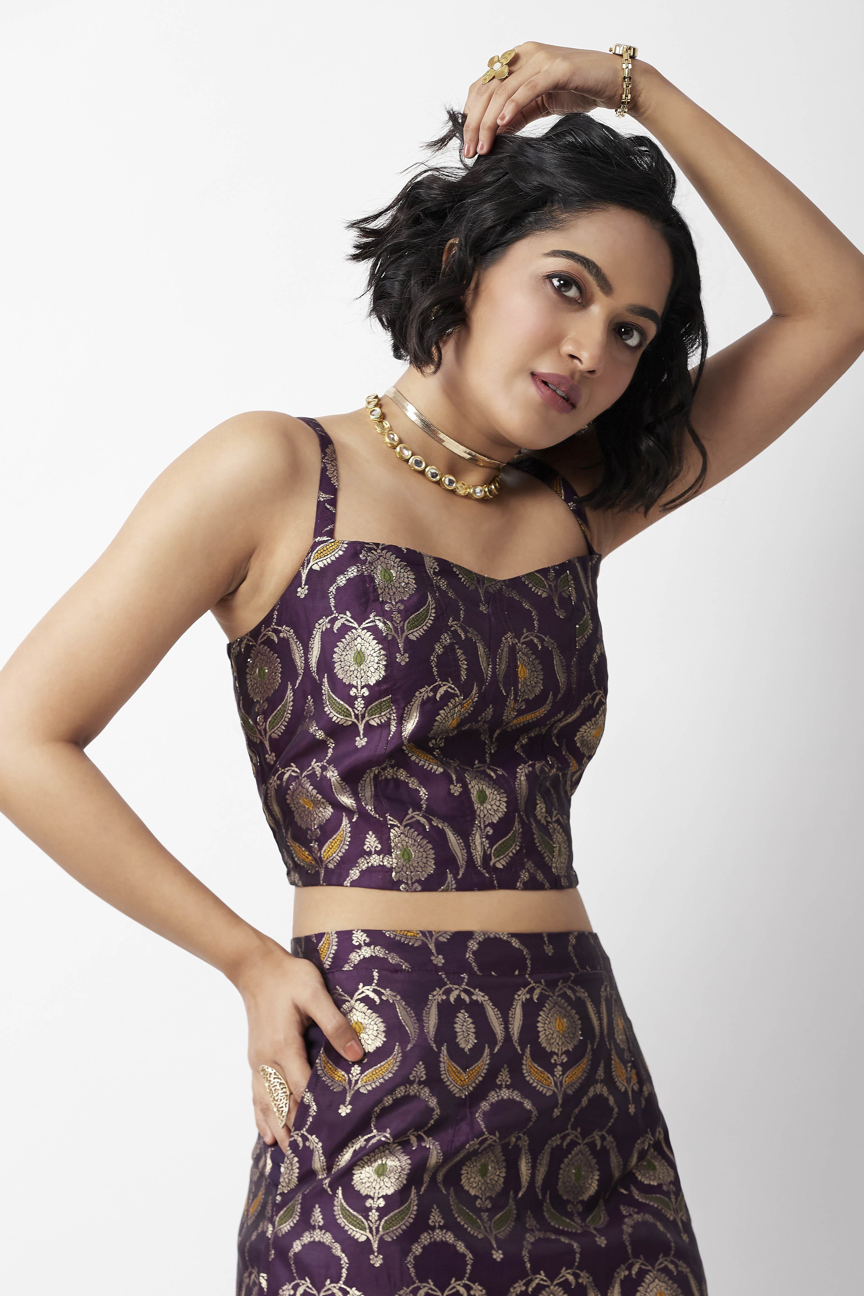 Purple Yarndyed Floral Fitted Crop Top image number 4