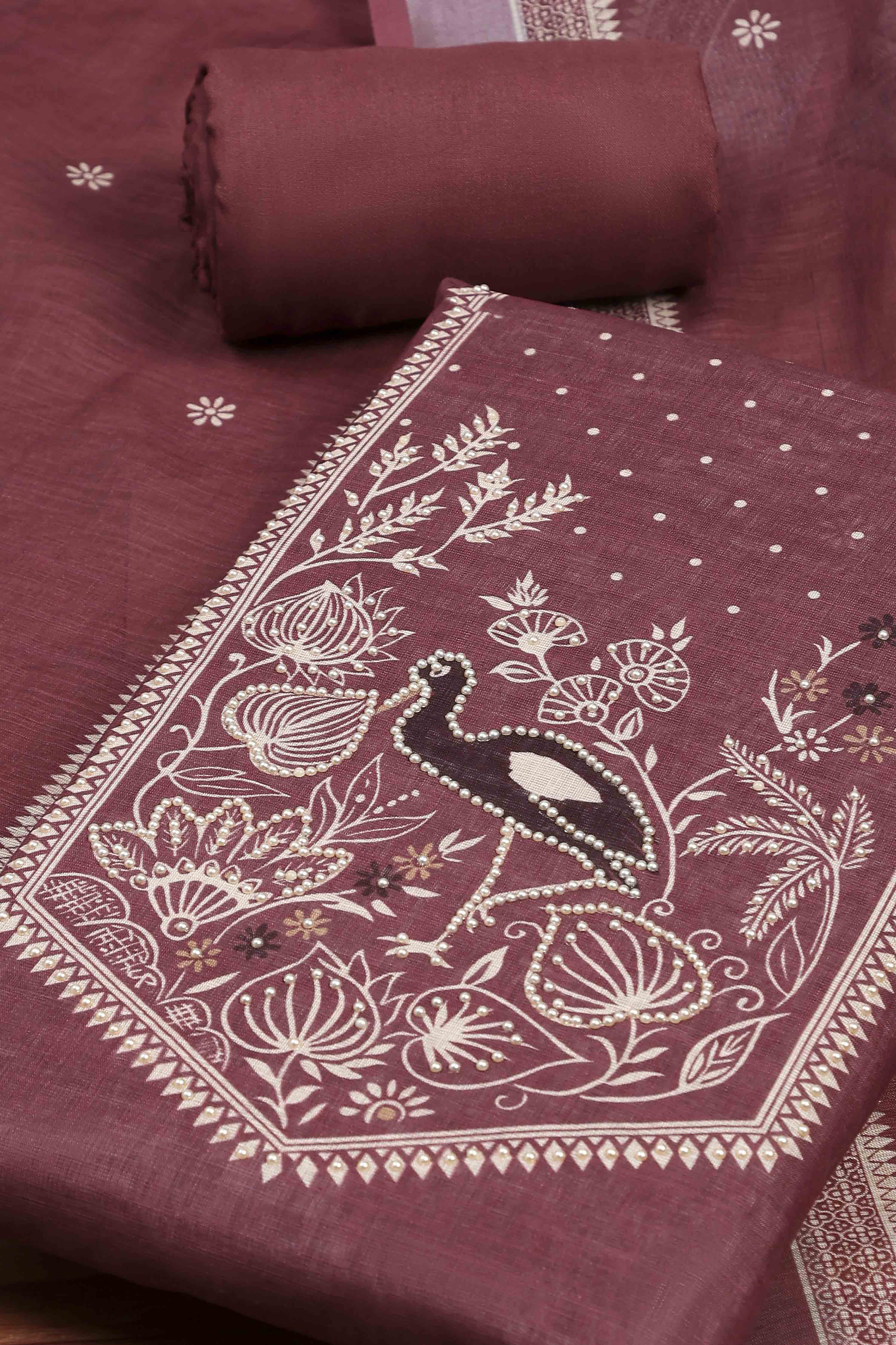 Dark Beige Linen Embroidered Unstitched Suit Set image number 1