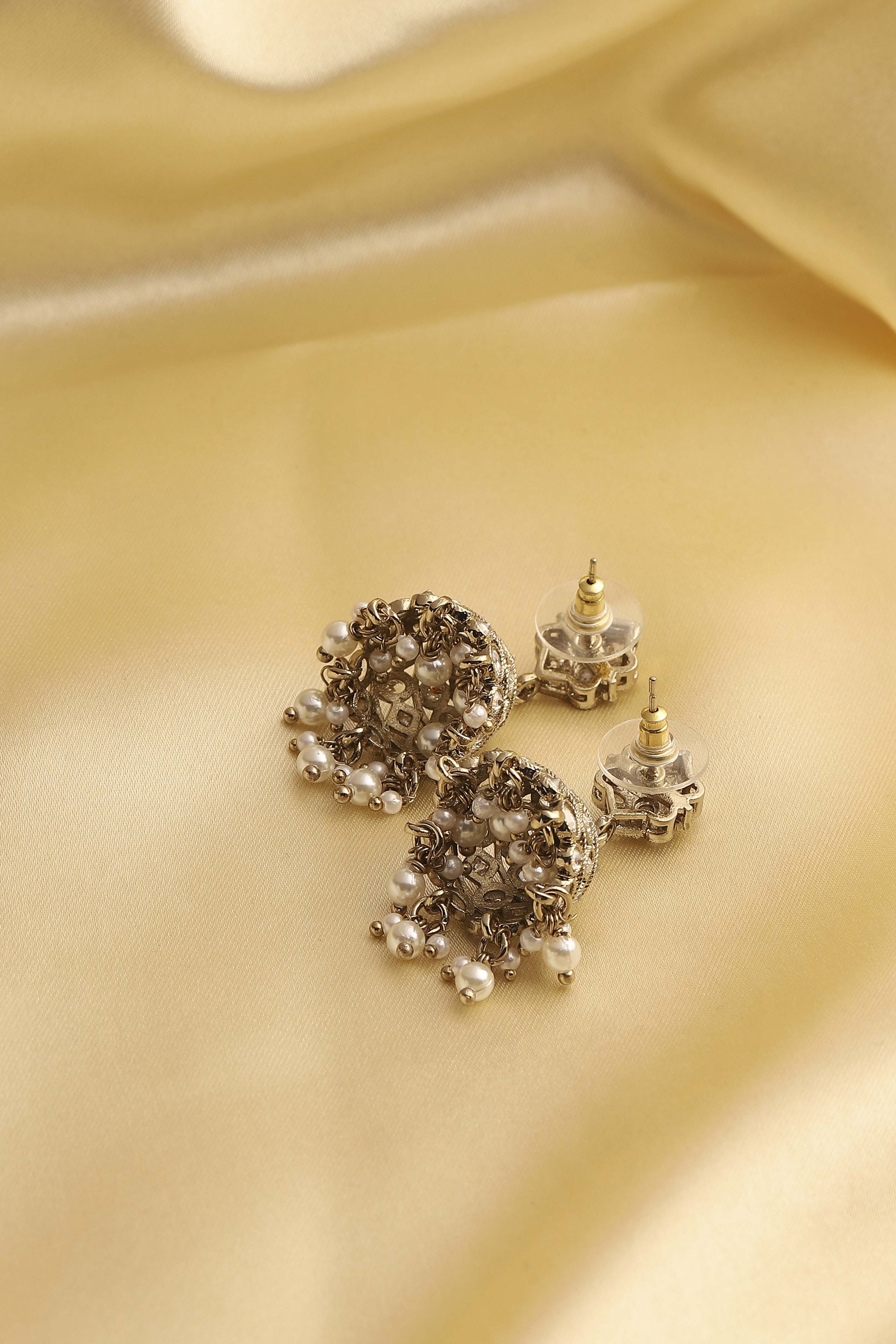 White Gold Plated Alloy Studded Jhumkas image number 2