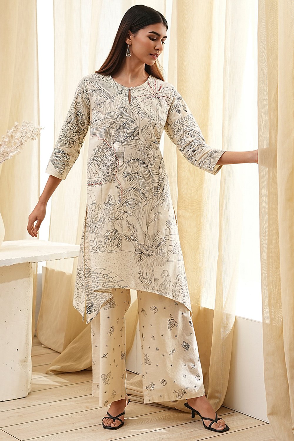 Off-White Cotton Straight Printed Kurta Set image number 0