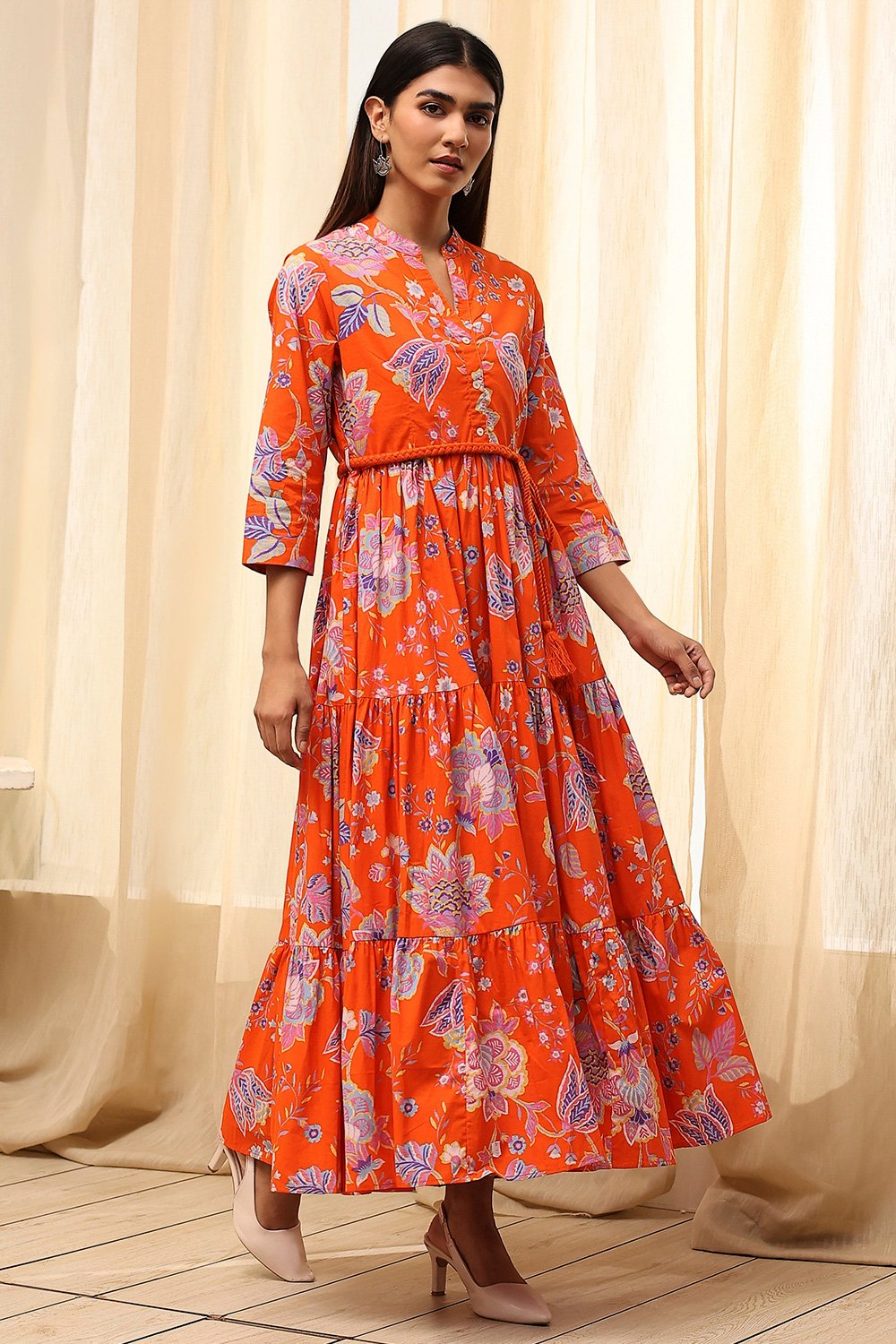 Earthy Blue Cotton Floral Tiered Dress image number 3