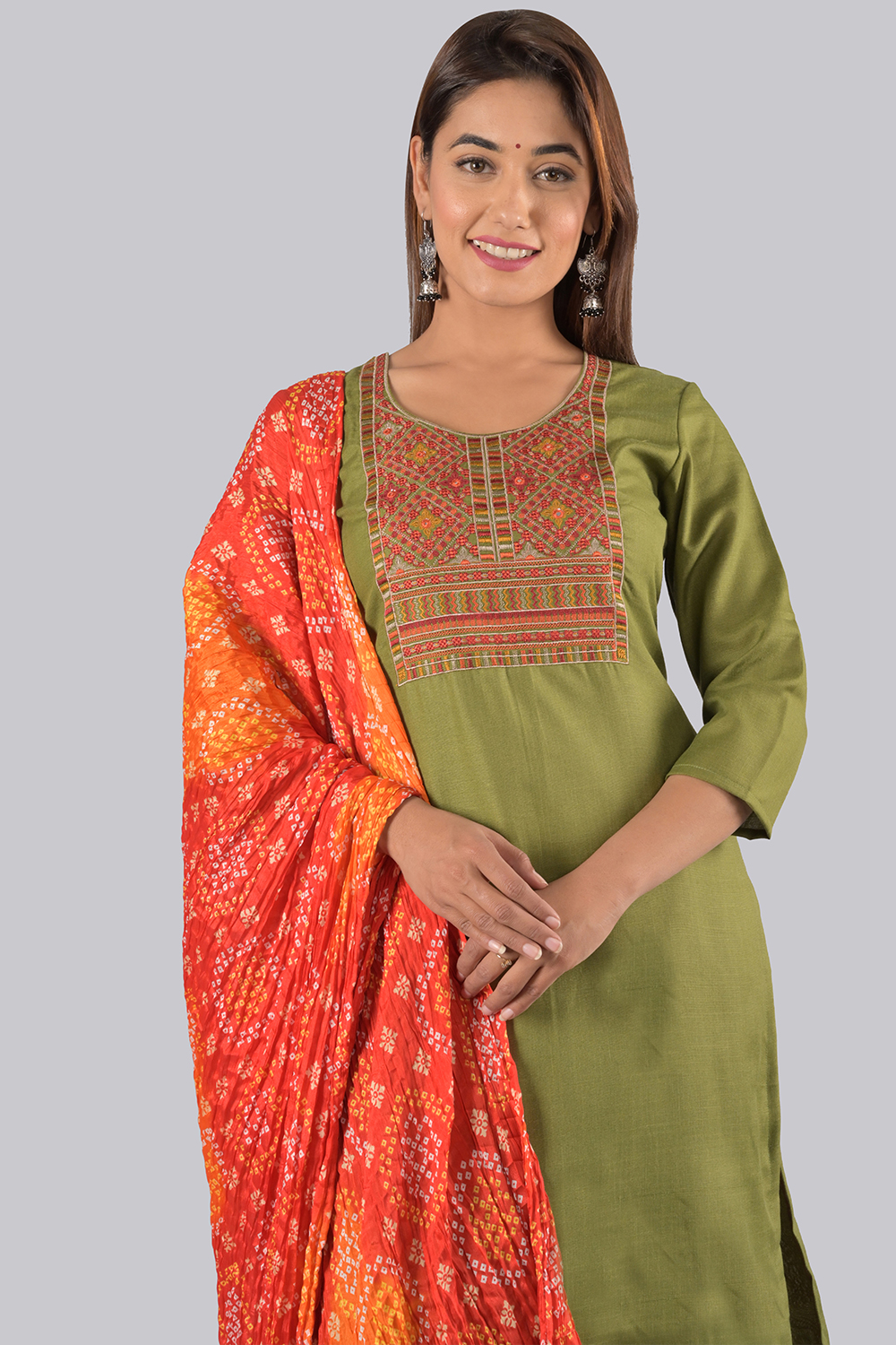 Green Unstitched dress material Suit Set image number 1