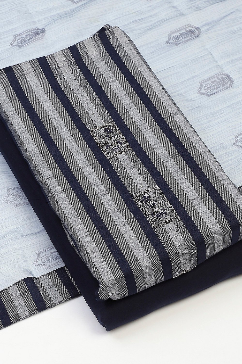 Blue Cotton Unstitched Suit Set image number 5