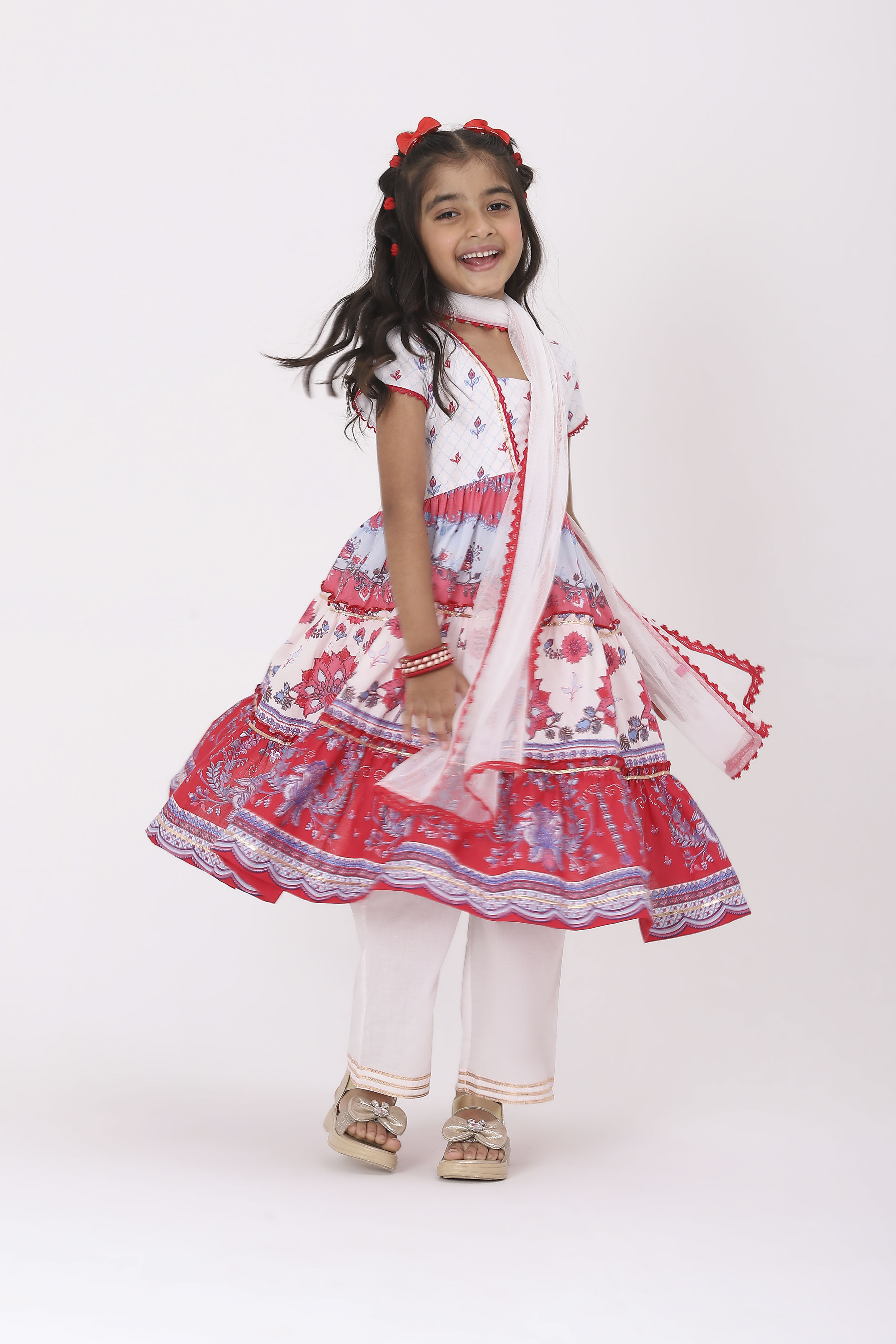 White Cotton Printed Tiered Suit Set image number 5