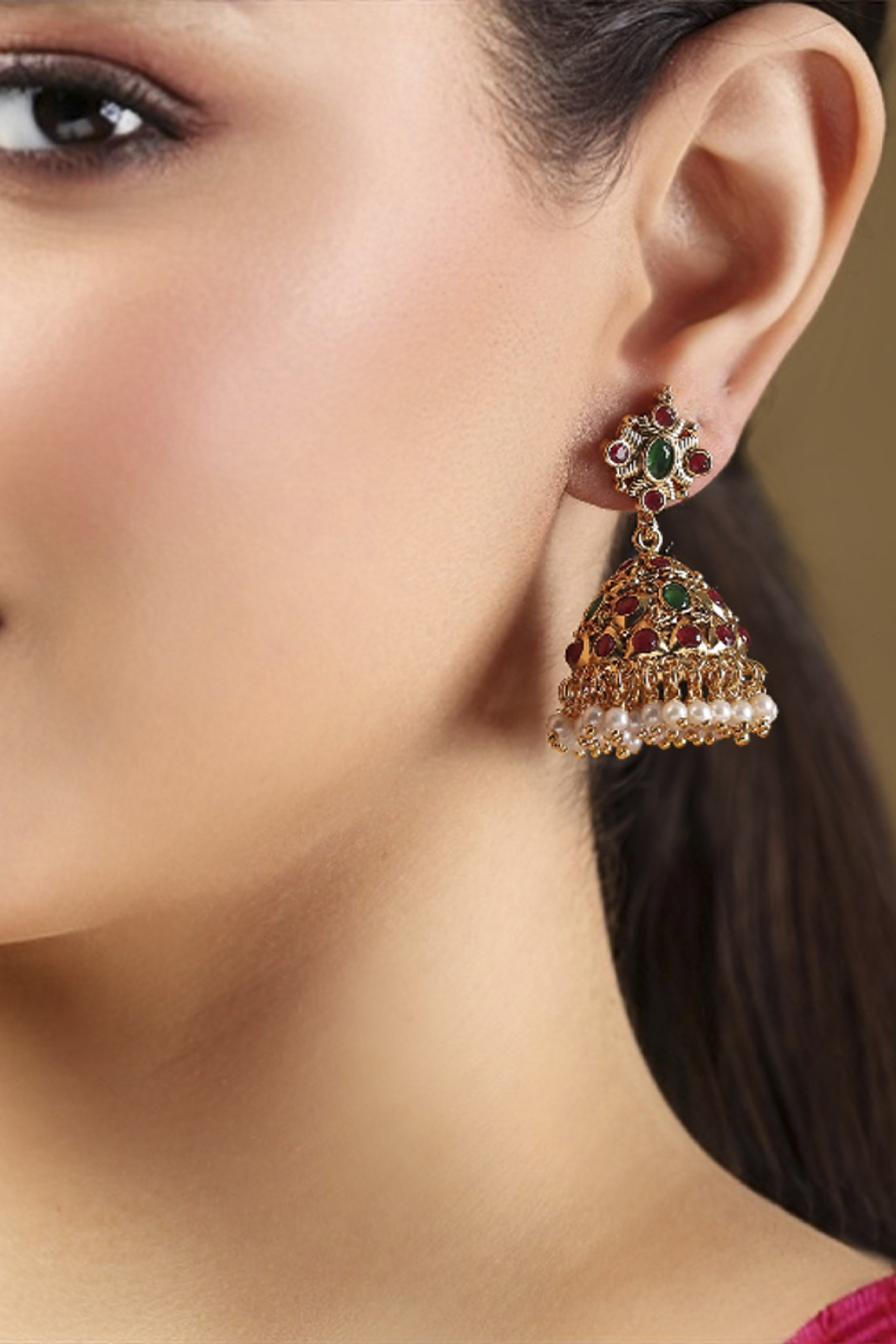 Multicolour Gold Plated Brass Studded Jhumkas image number 1