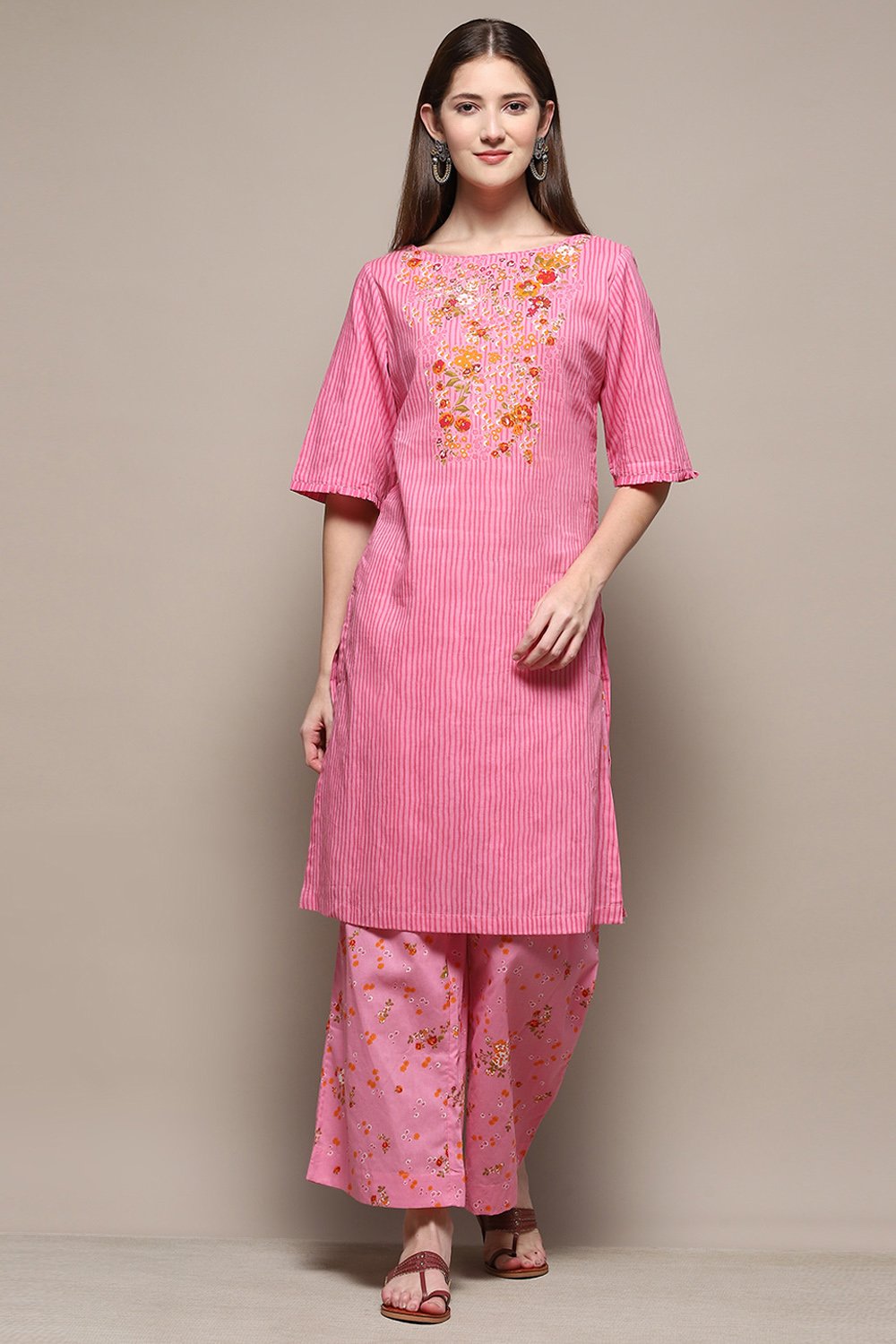 Yellow Cotton Straight Kurta Palazzo Suit Set image number 6
