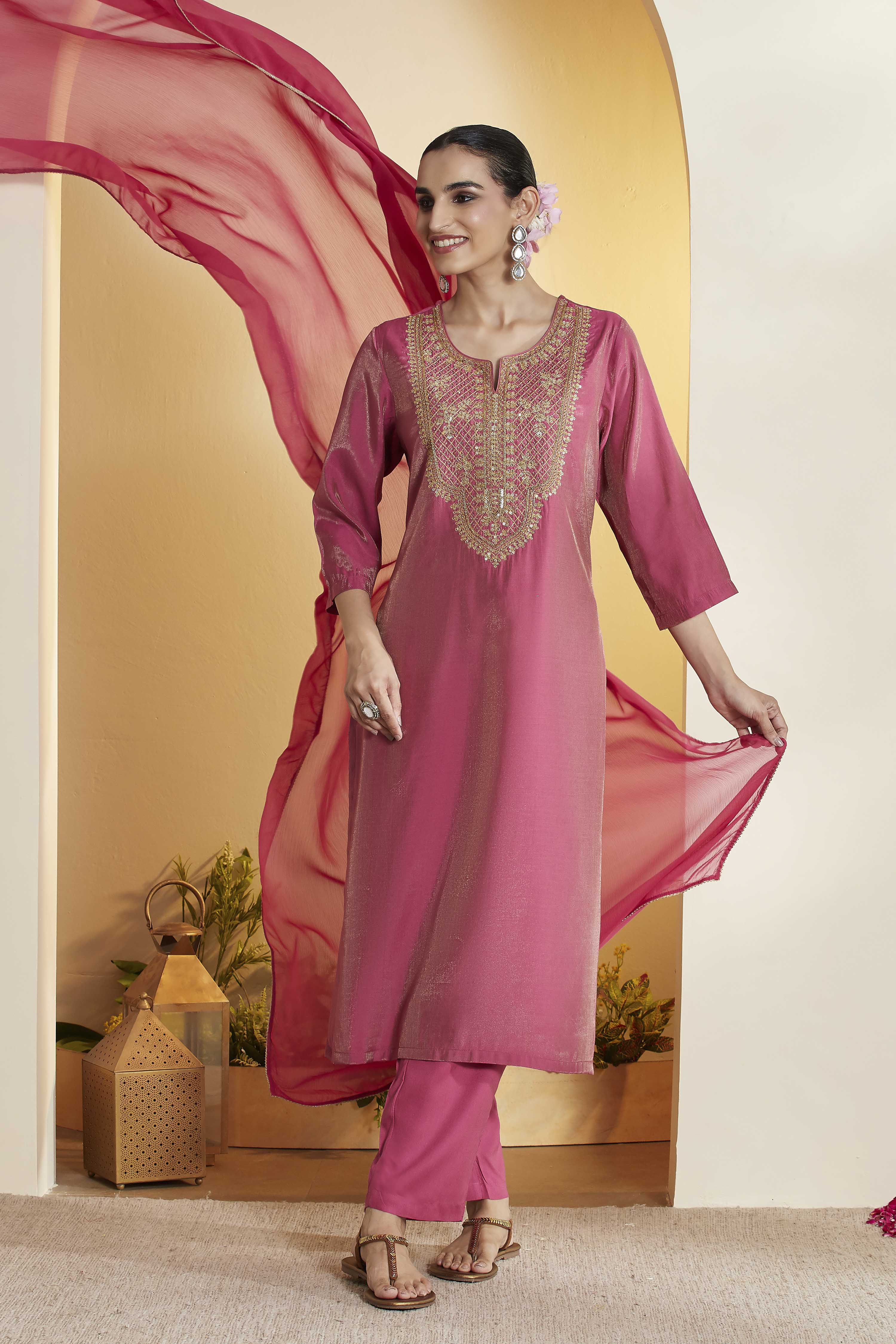 Turquoise Viscose Rayon Embroidered Straight Kurta Set image number 0
