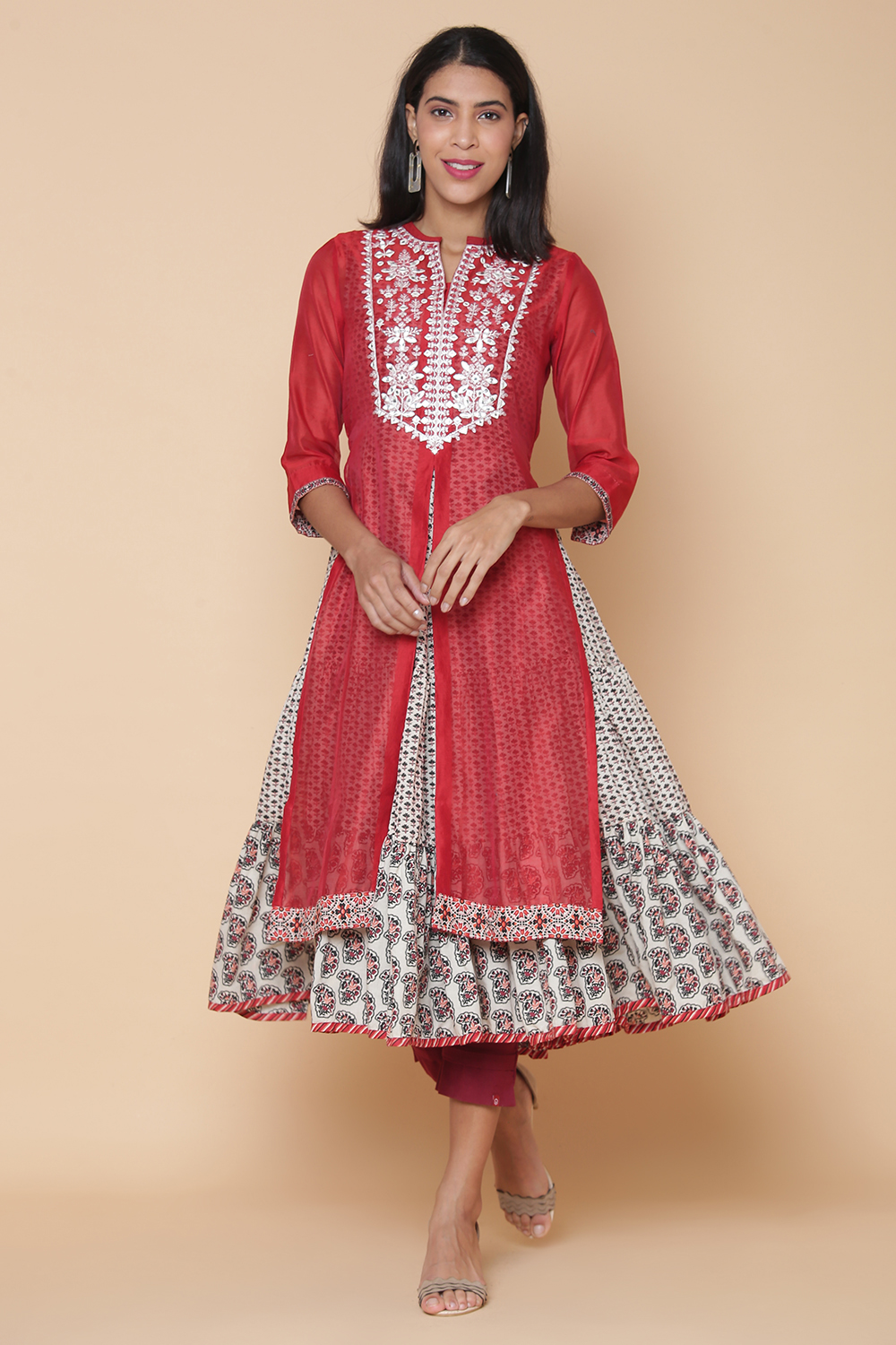 Terracotta Cotton Silk Double Layered Embroidered Kurta image number 4