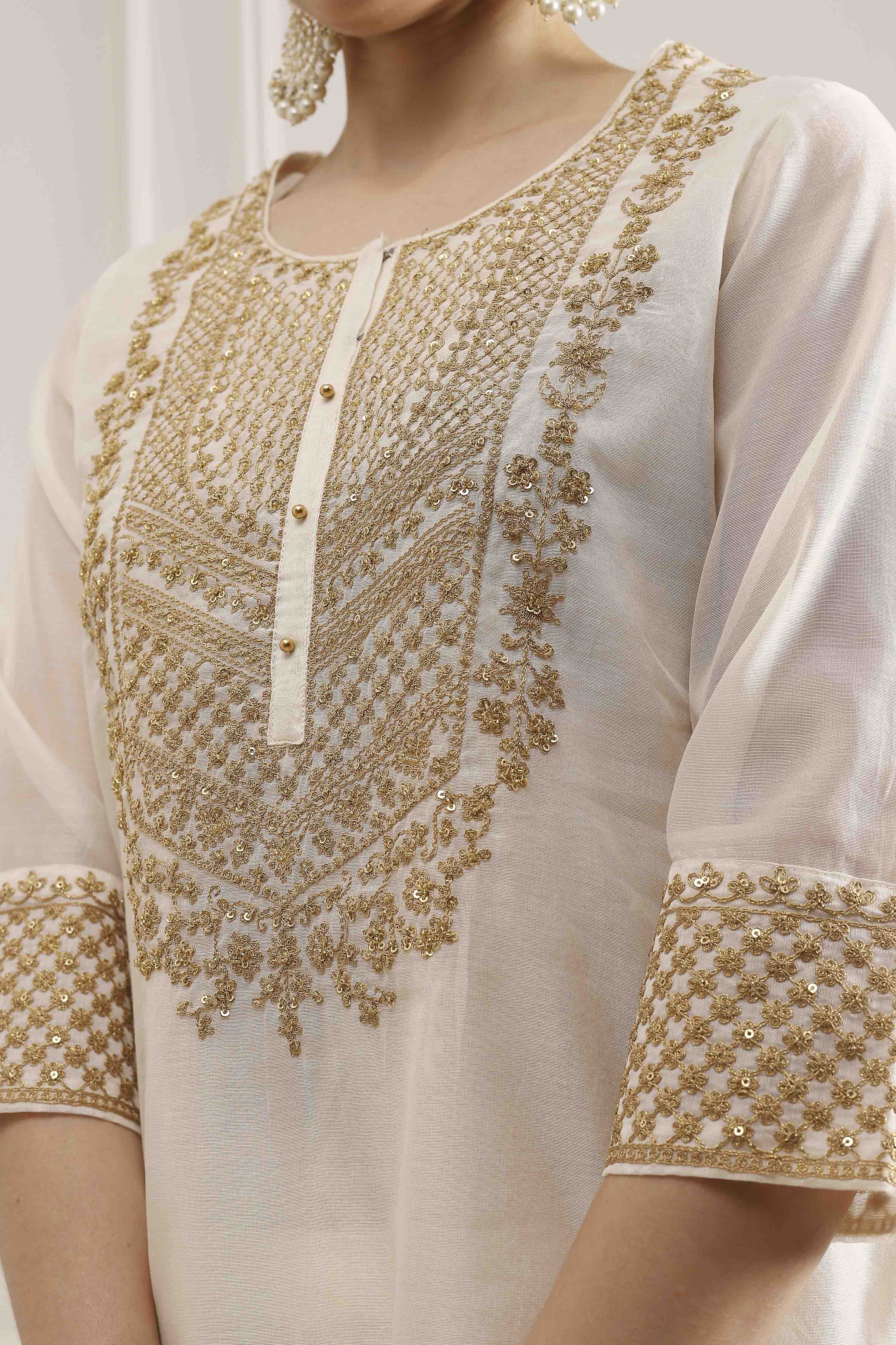 Off White Polyester Straight Dyed Suit Set image number 1