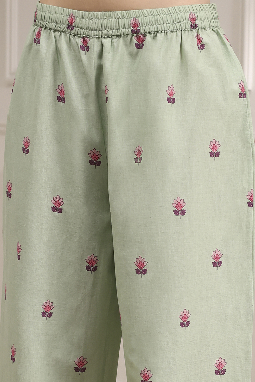 Sage Green Cotton Printed Straight Suit Set image number 2