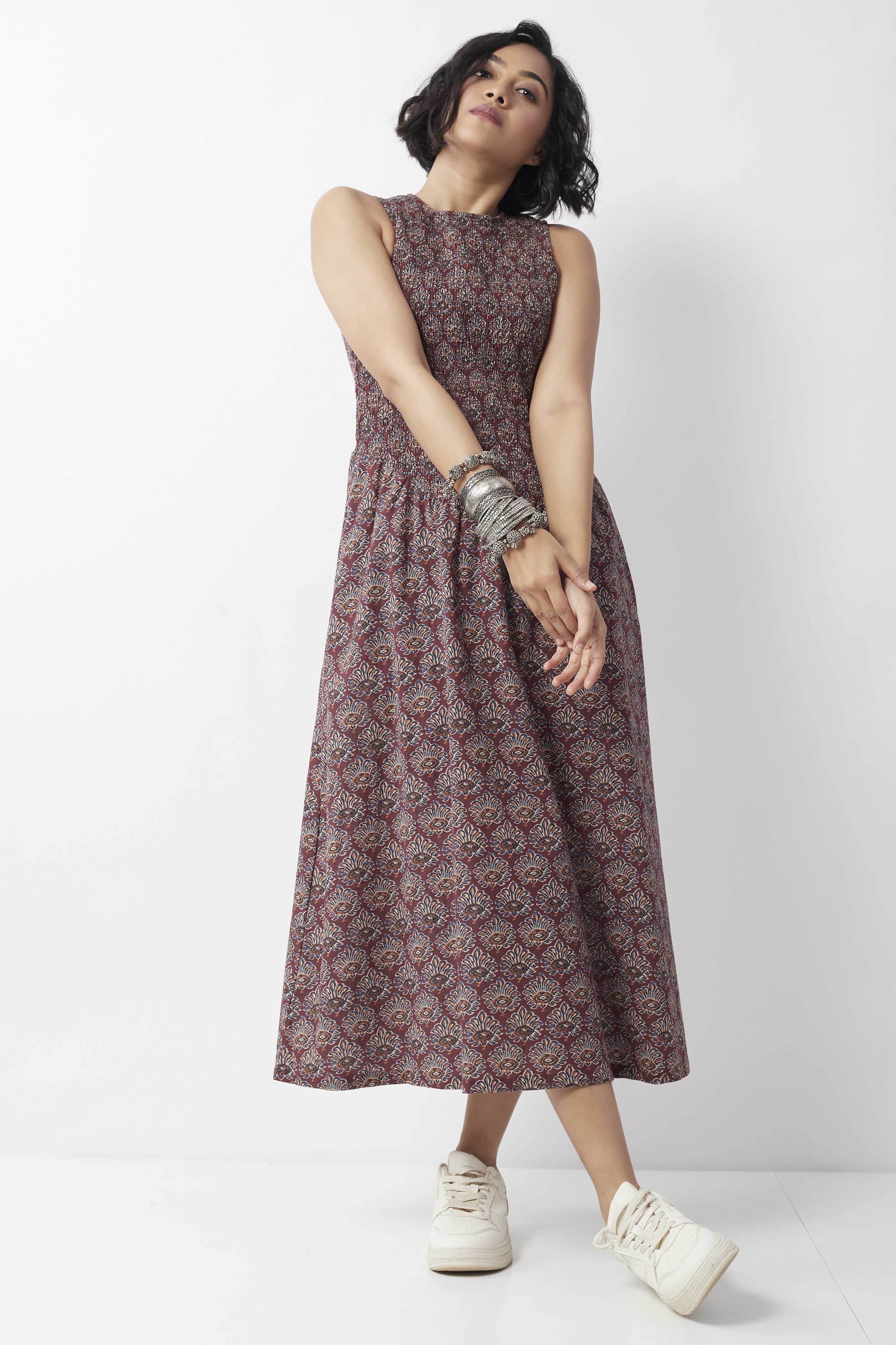 Maroon Cotton Printed Smocked Dress image number 0