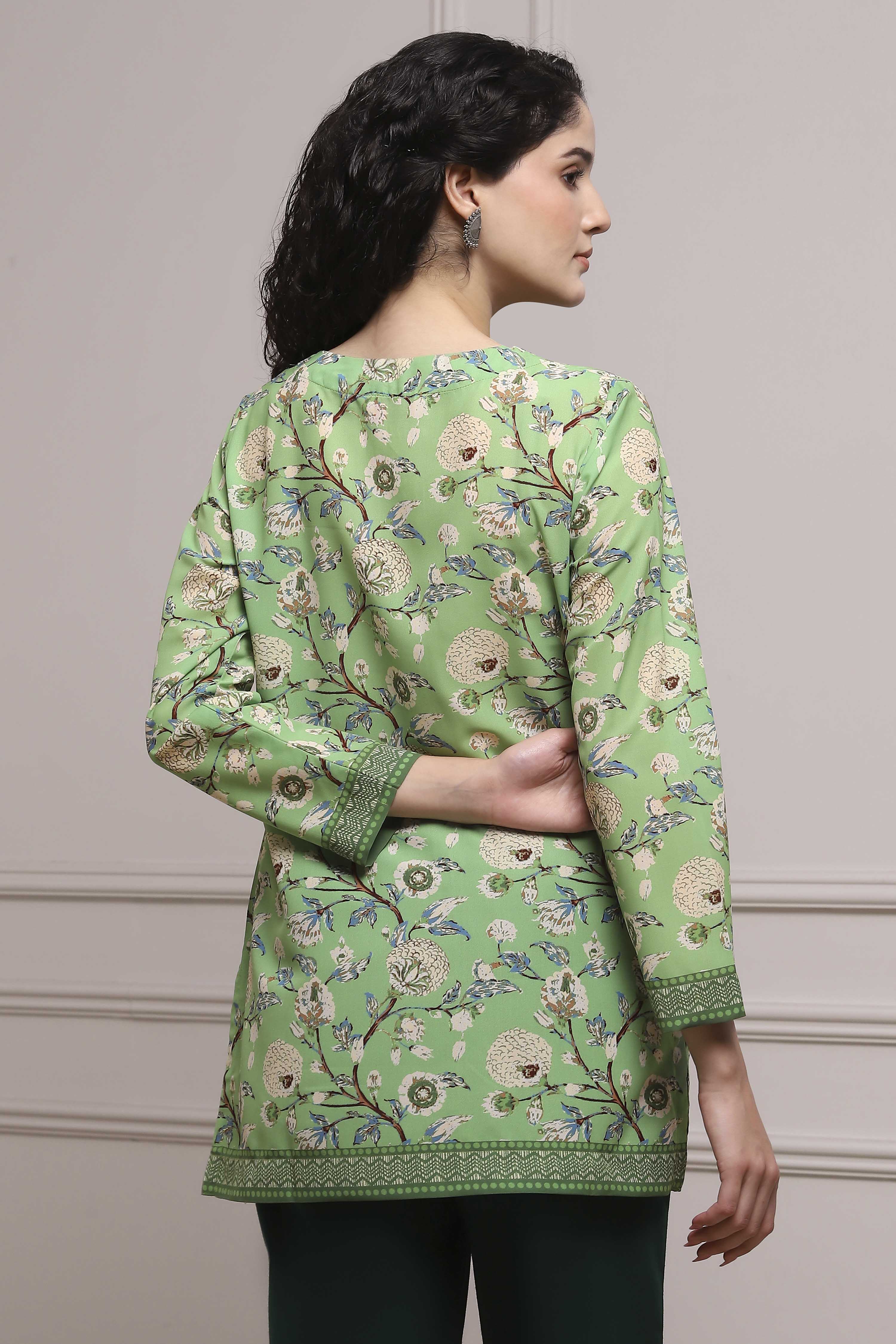 Green Art Silk Printed Straight Short Kurta image number 3