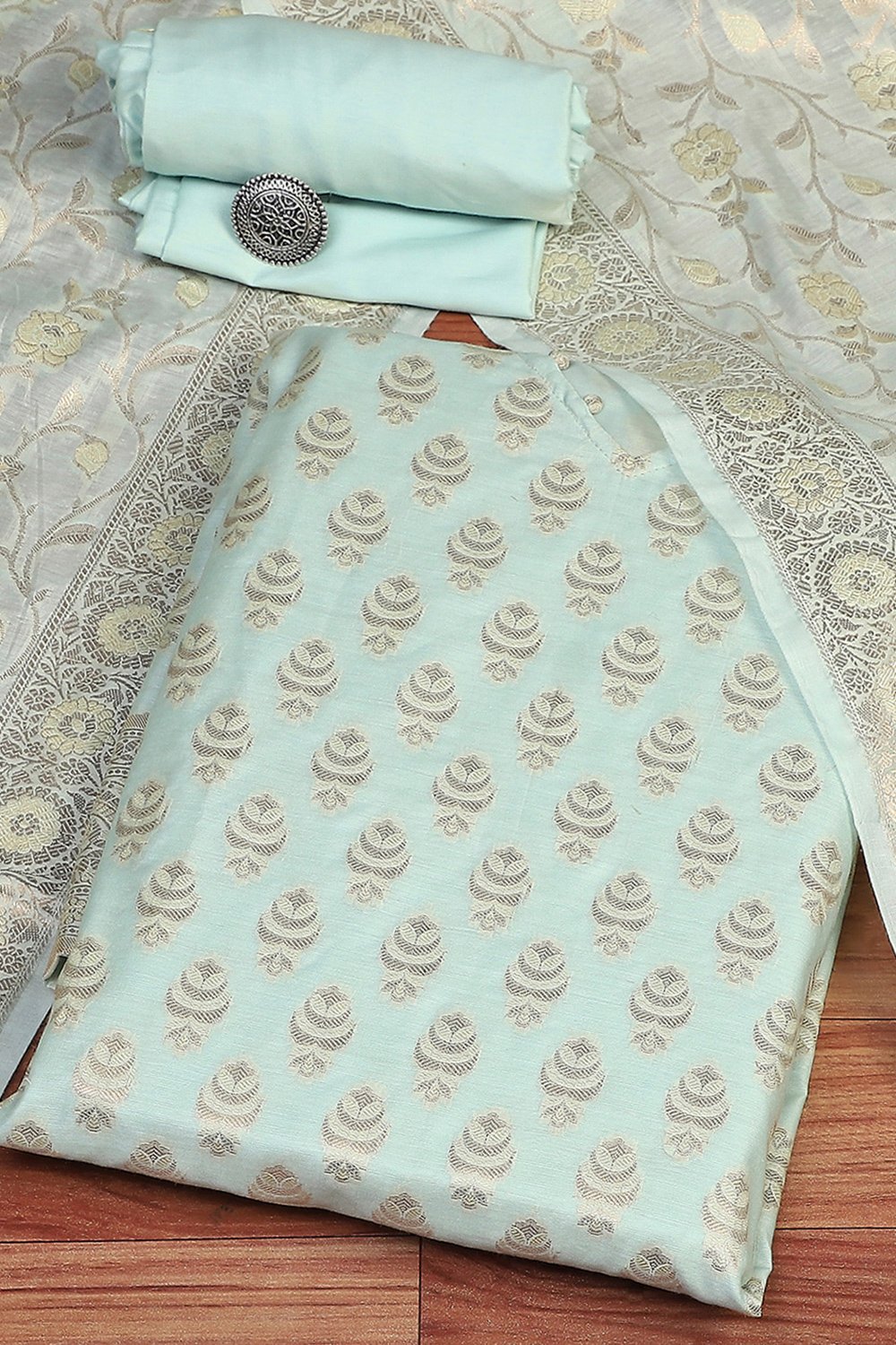 Peach Art Silk Woven Unstitched Suit Set image number 0