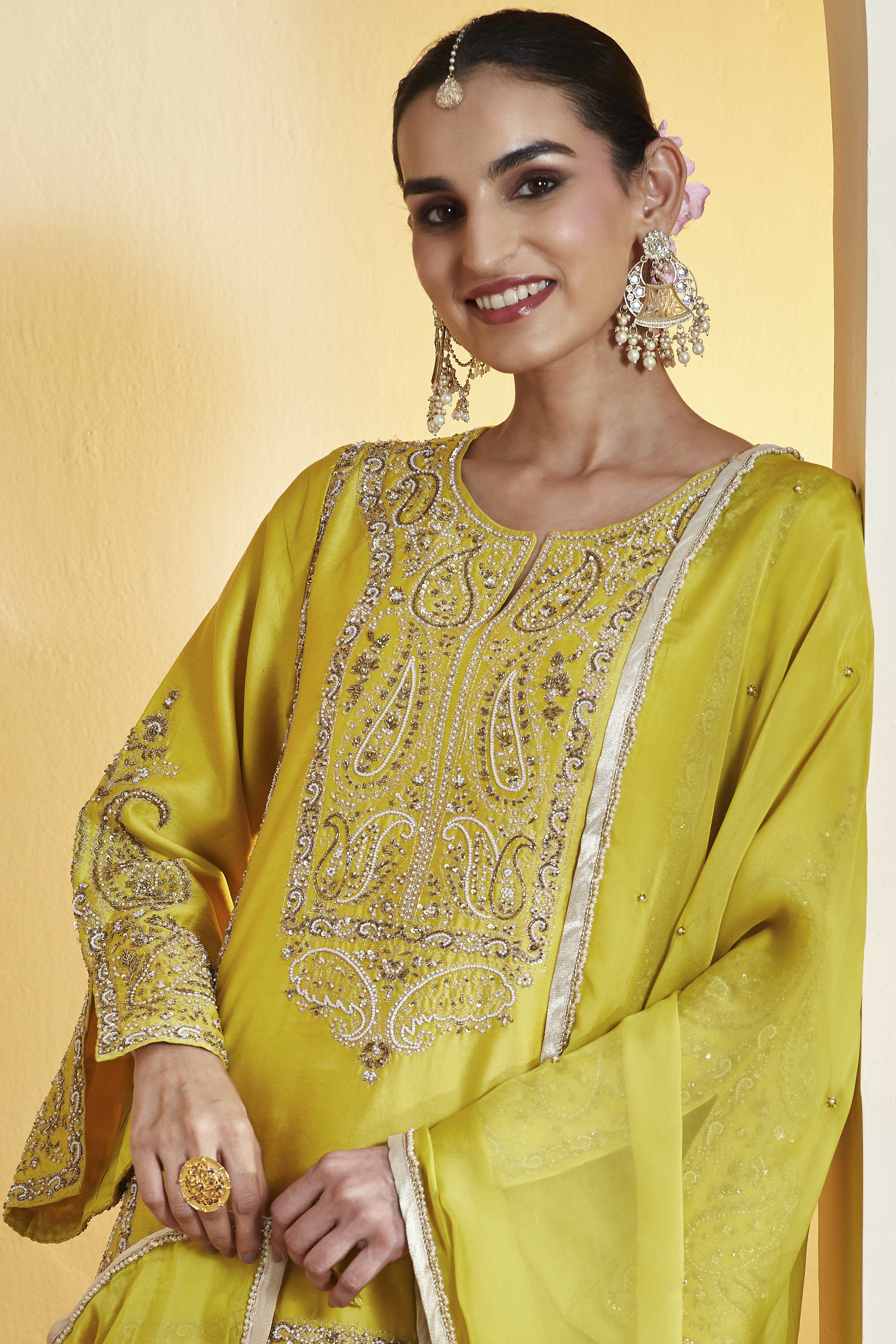 Lime Green Cotton Silk Embroidery Suit Set image number 1