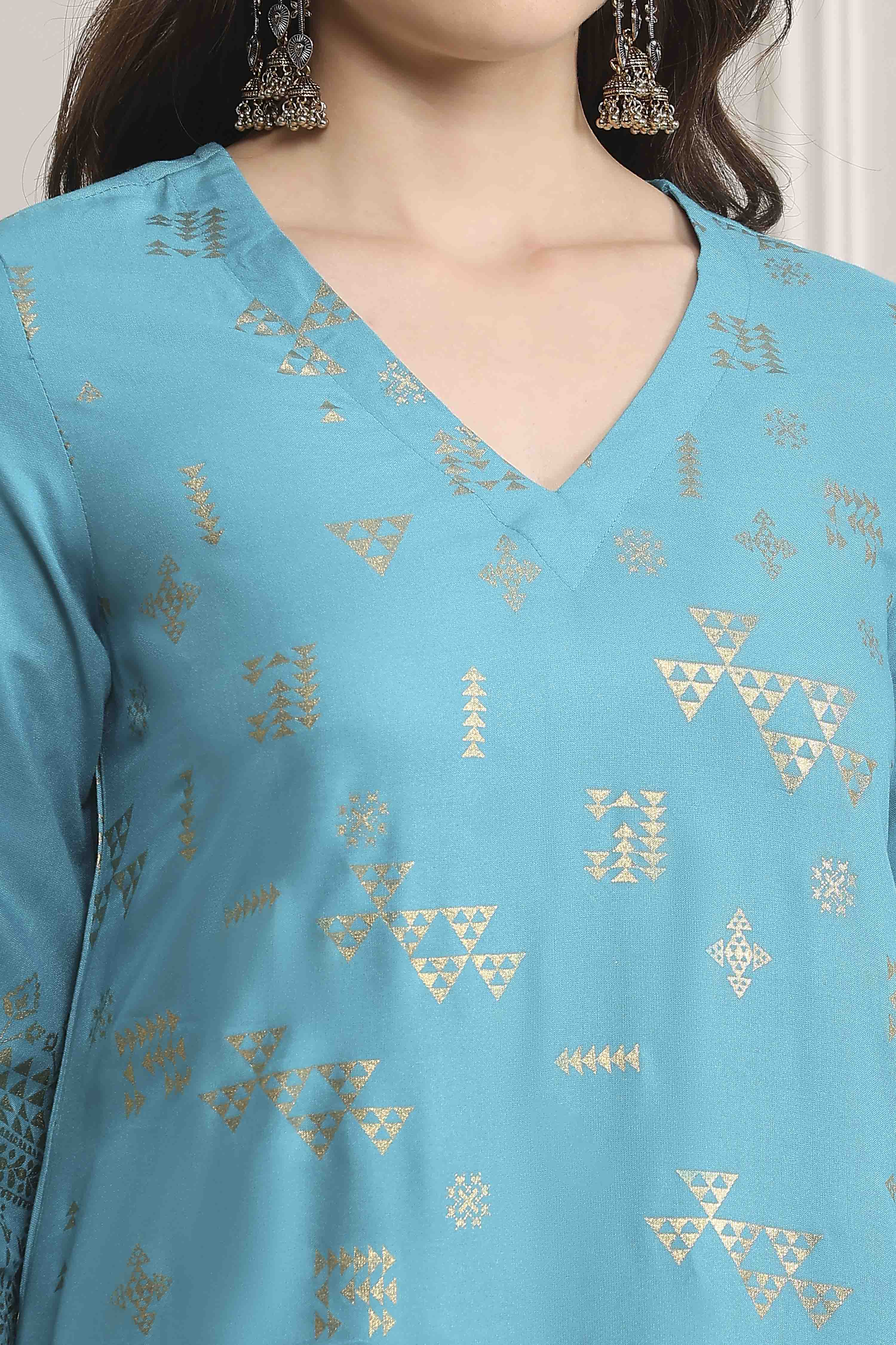 Turquoise Rayon A-Line Printed Kurta image number 1