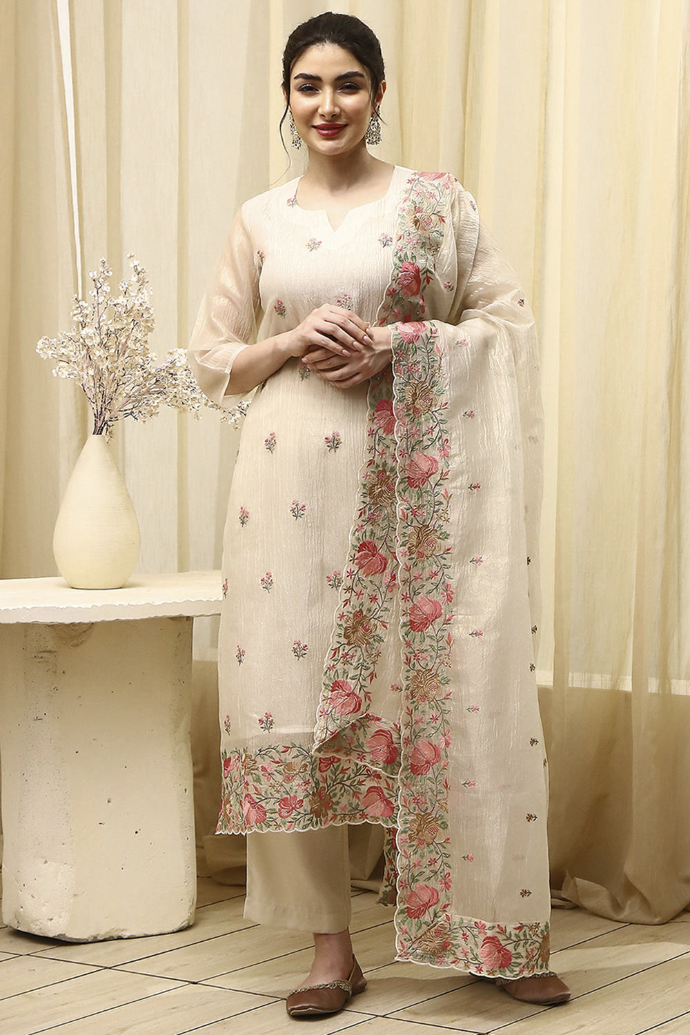 Beige Tissue Machine Embroidered Unstitched Suit Set image number 7