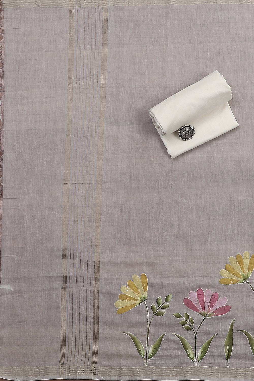 Off White Chanderi Hand Painted Unstitched Suit Set image number 3