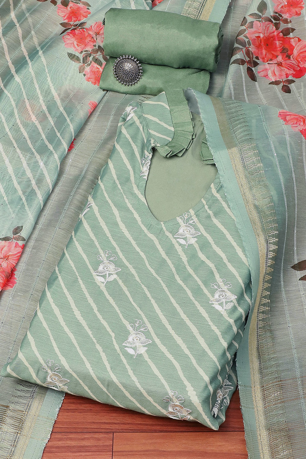 Green Cotton Digital Print Unstitched Suit Set image number 0