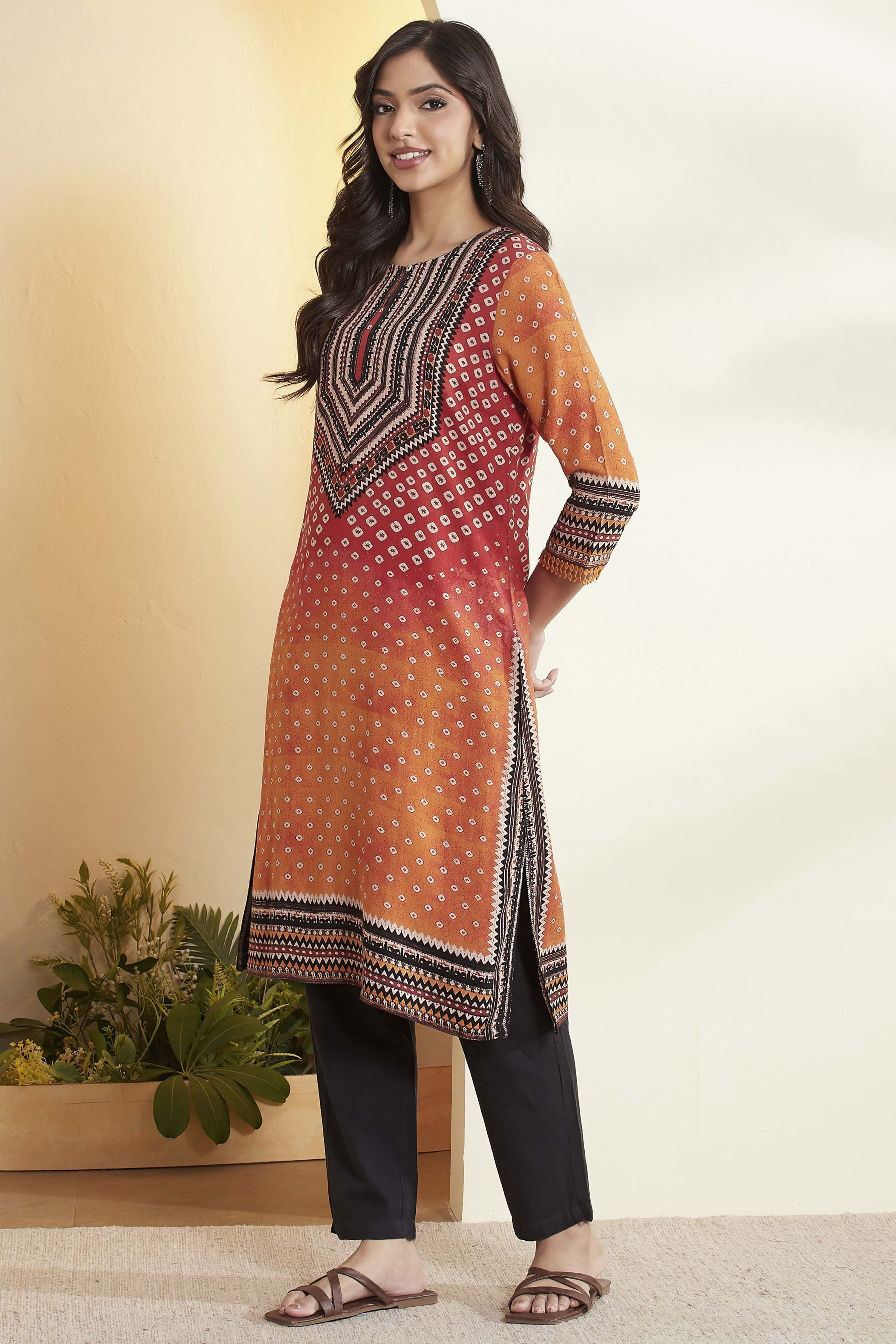 Rust Viscose Rayon Geometric Printed A-Line Kurta image number 3