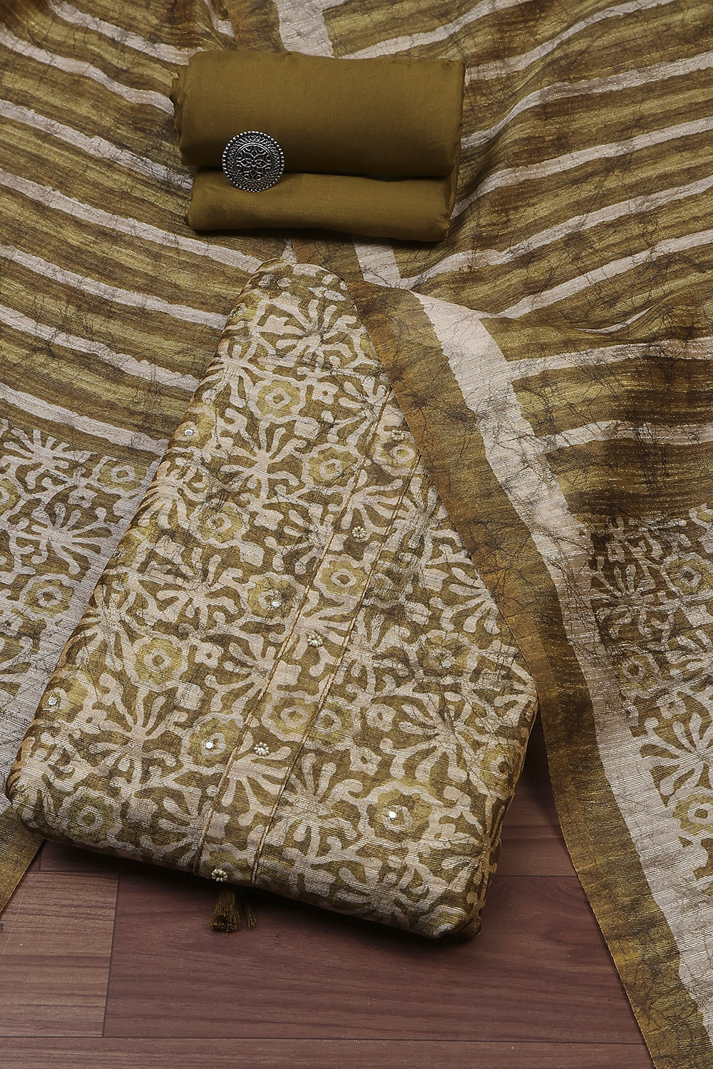 Rust Silk Blend Printed Unstitched Suit Set image number 0