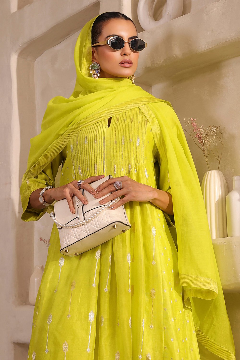Lime Green Silk Gathered Yarndyed Suit Set image number 0