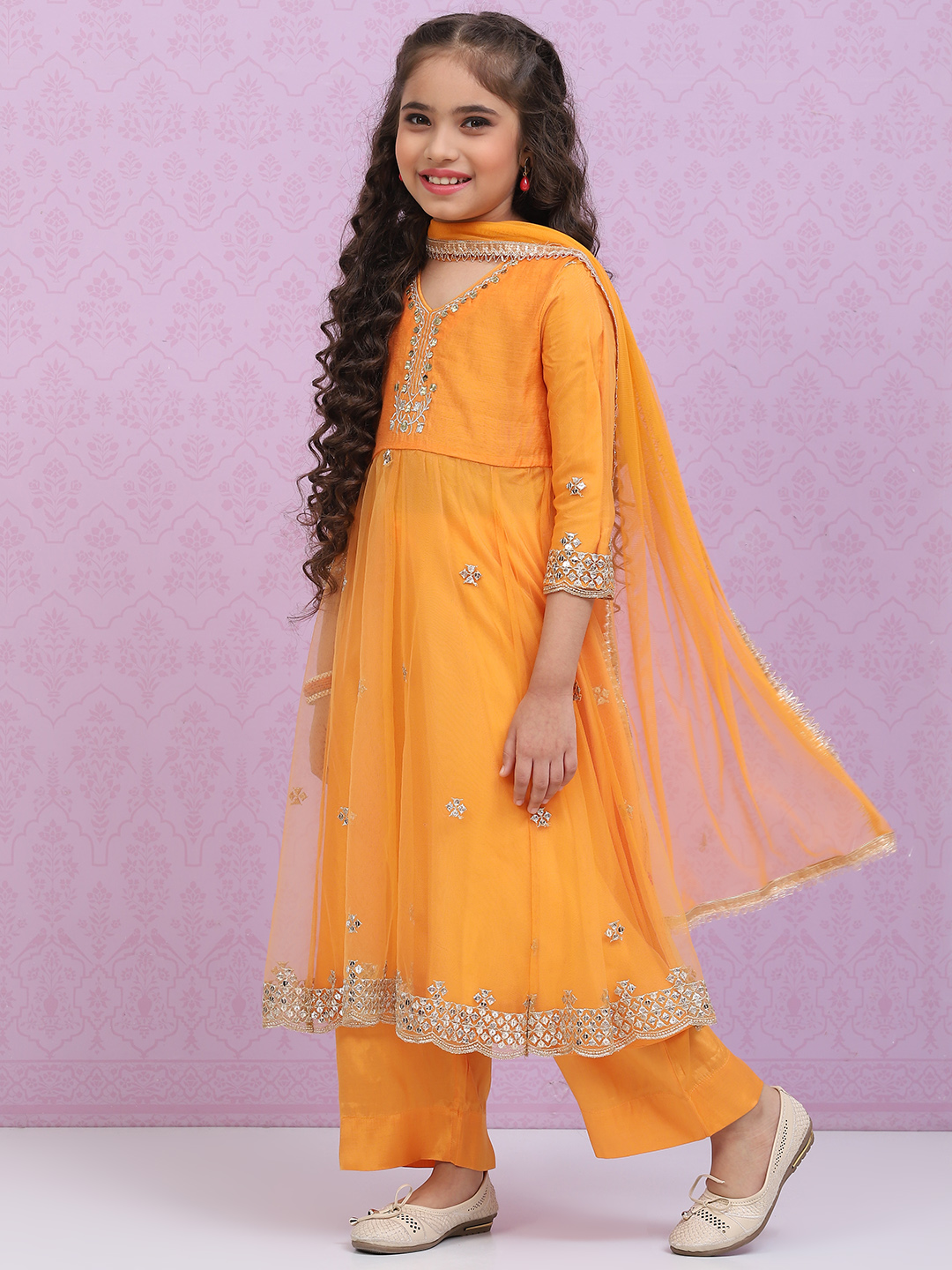 Orange Art Silk A-Line Straight Kurta Palazzo Suit Set image number 6