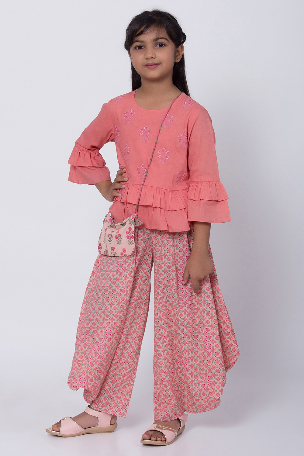 Peach Cotton Flared Kurta Dhoti Pant Suit Set image number 2