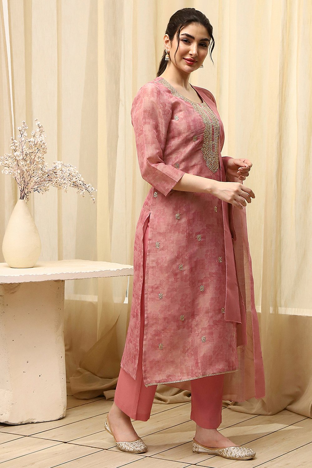 Pink Chanderi Machine Embroidered Unstitched Suit Set image number 6