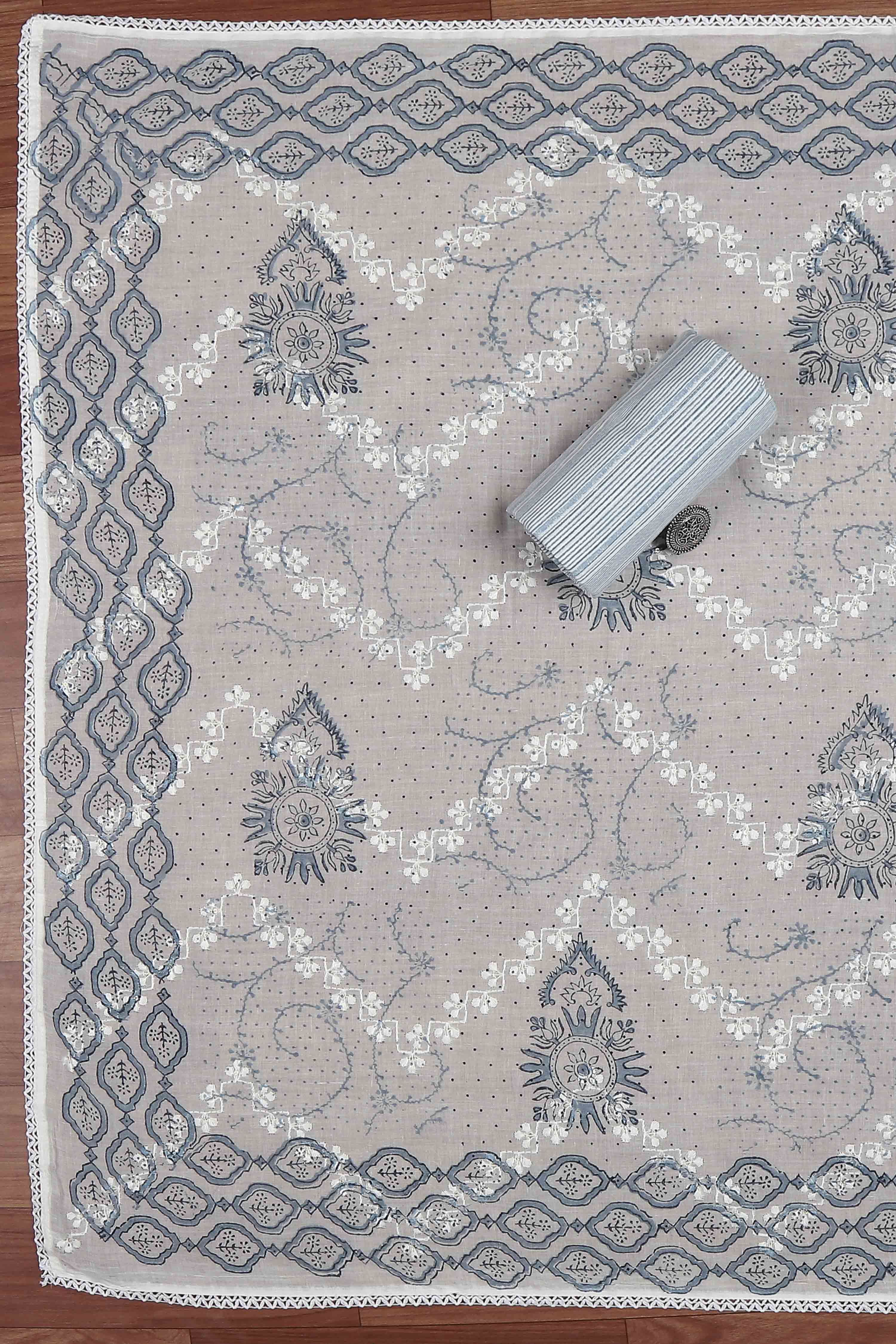 Blue Cotton Printed Embroidered Unstitched Suit Set image number 3