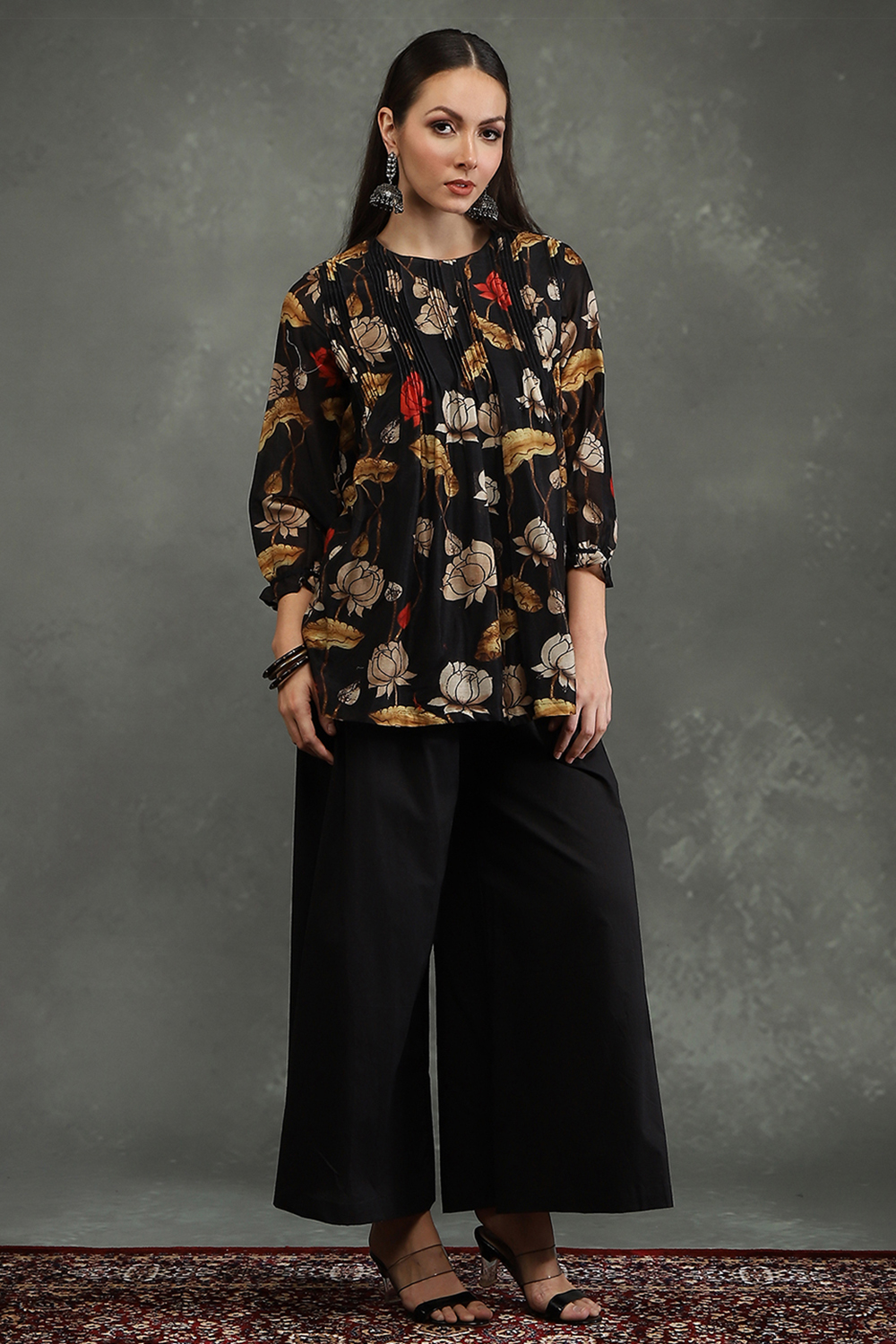 Black Silk Chanderi Floral Printed Gathered Co-ord Set image number 5