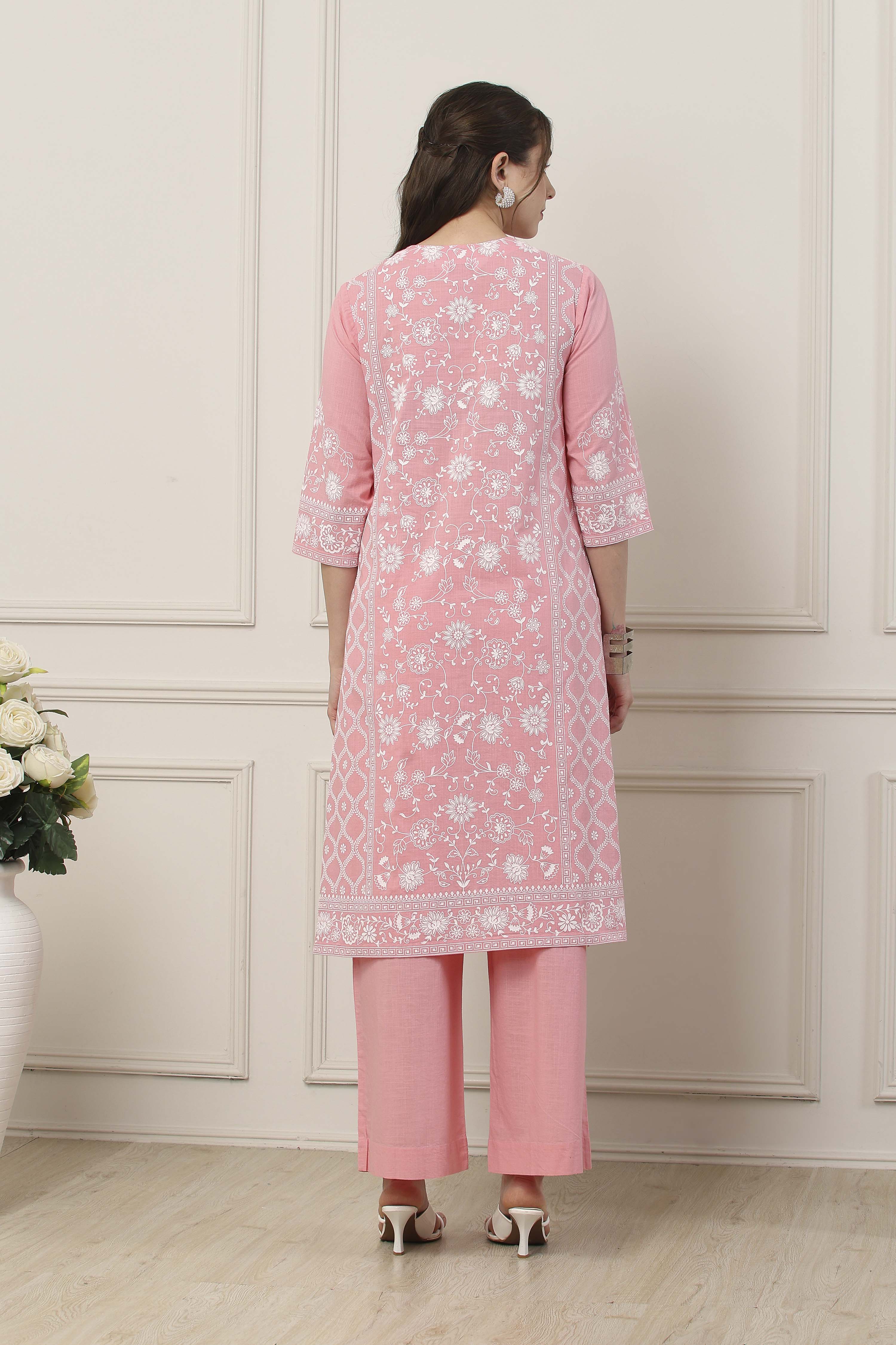 Pink & White Cotton Floral Printed Straight Suit Set image number 4