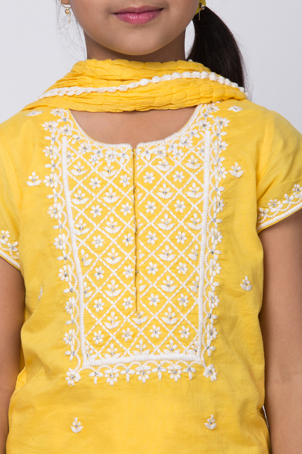 Yellow Cotton Chikankari Straight Kurta Palazzo Suit Set image number 1