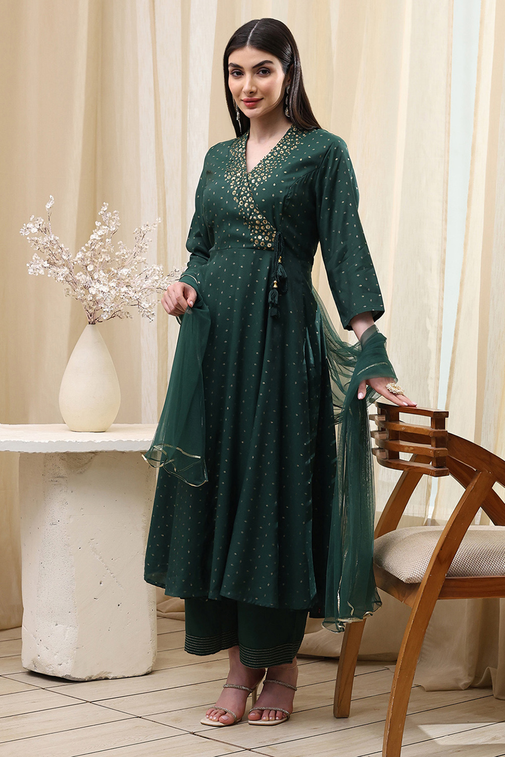 Dark Green Shantoon Printed Anarkali Suit Set image number 0