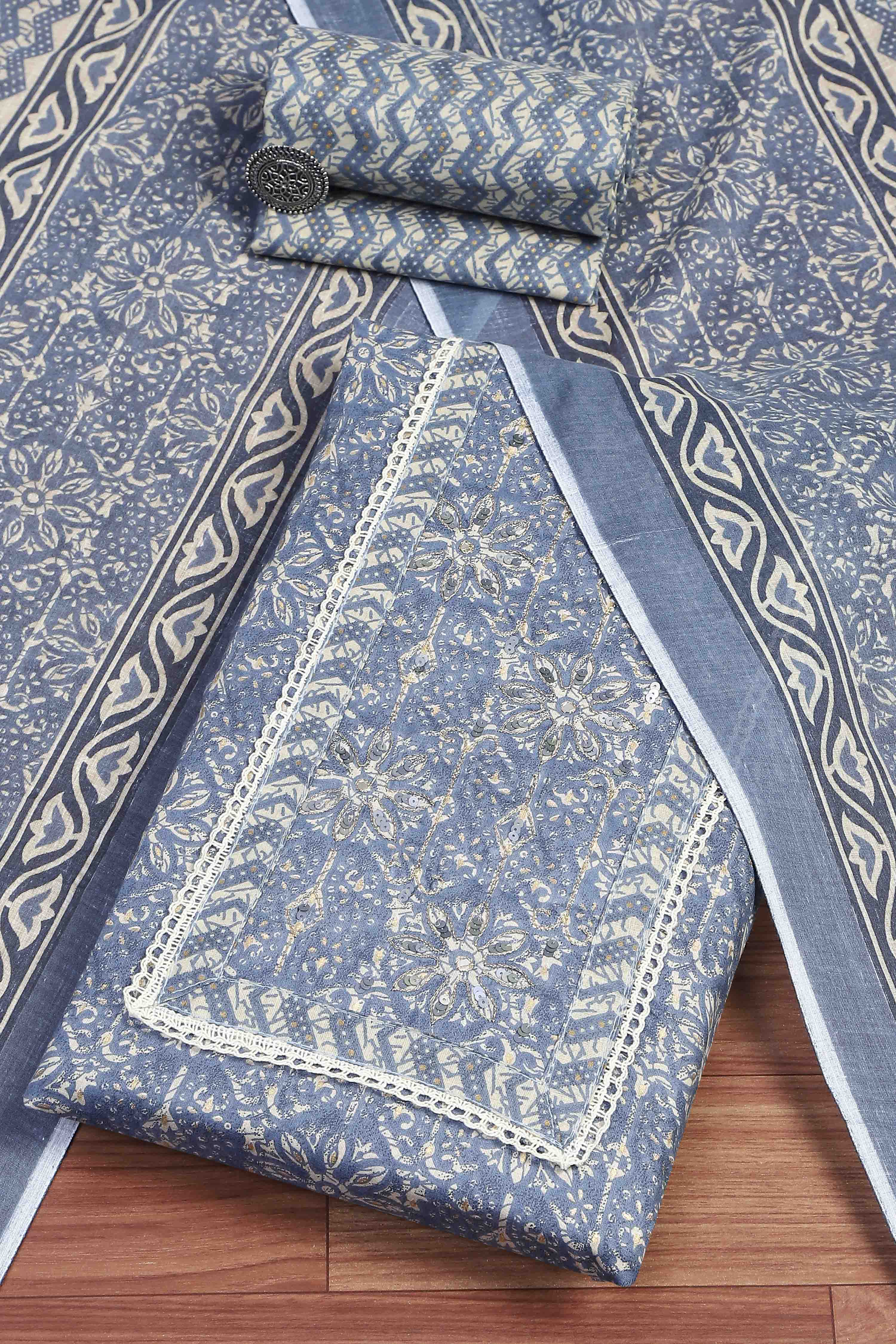 Blue Cotton Unstitched Suit Set image number 0