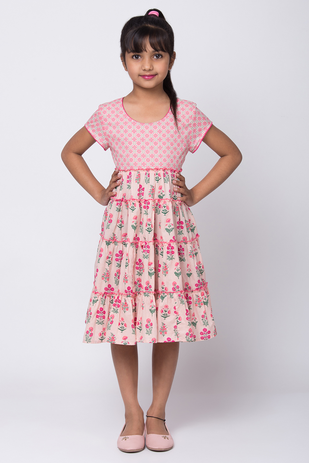 Peach Cotton Flared Printed Dress image number 2