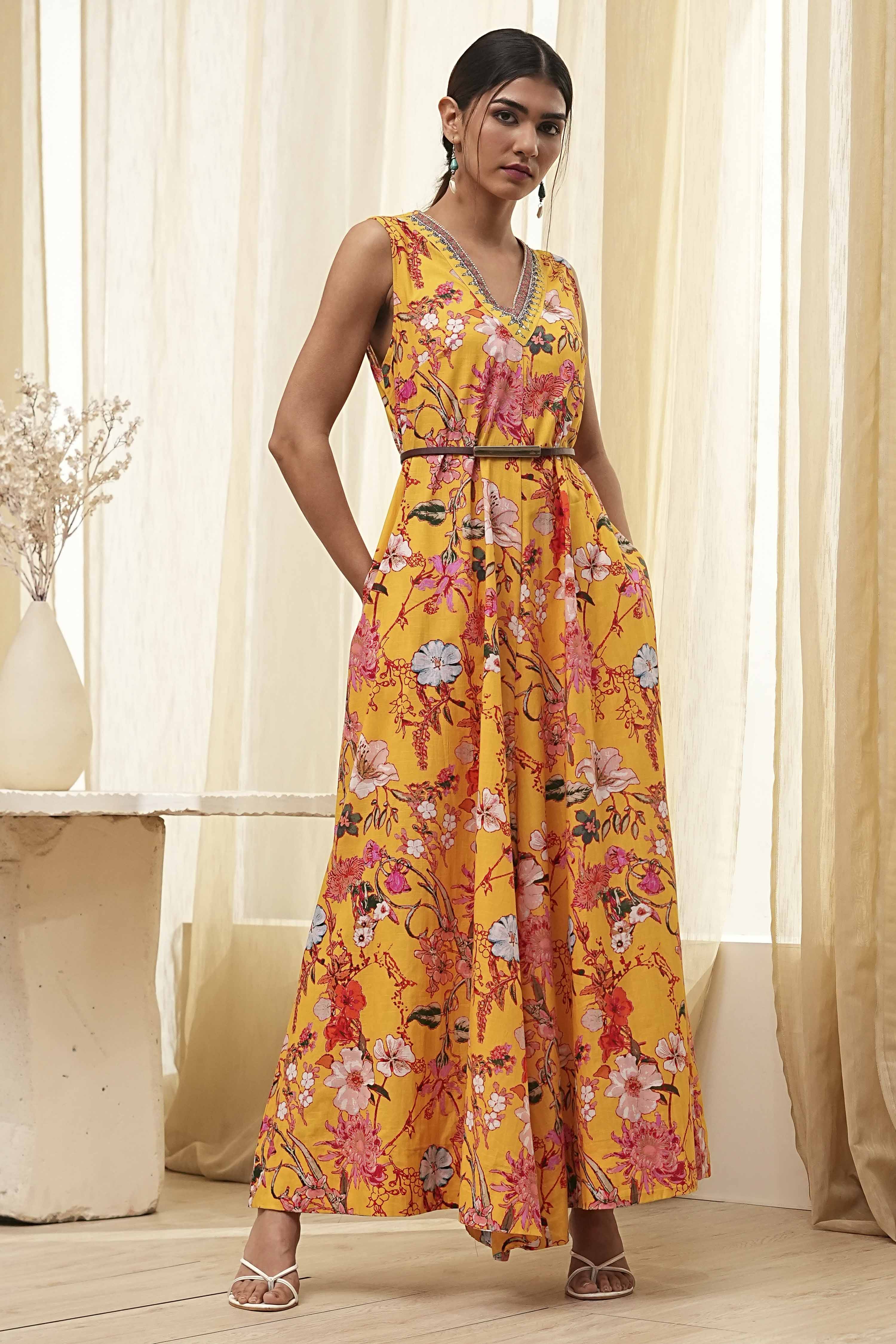 Yellow Cotton Floral Flared Jumpsuit image number 5