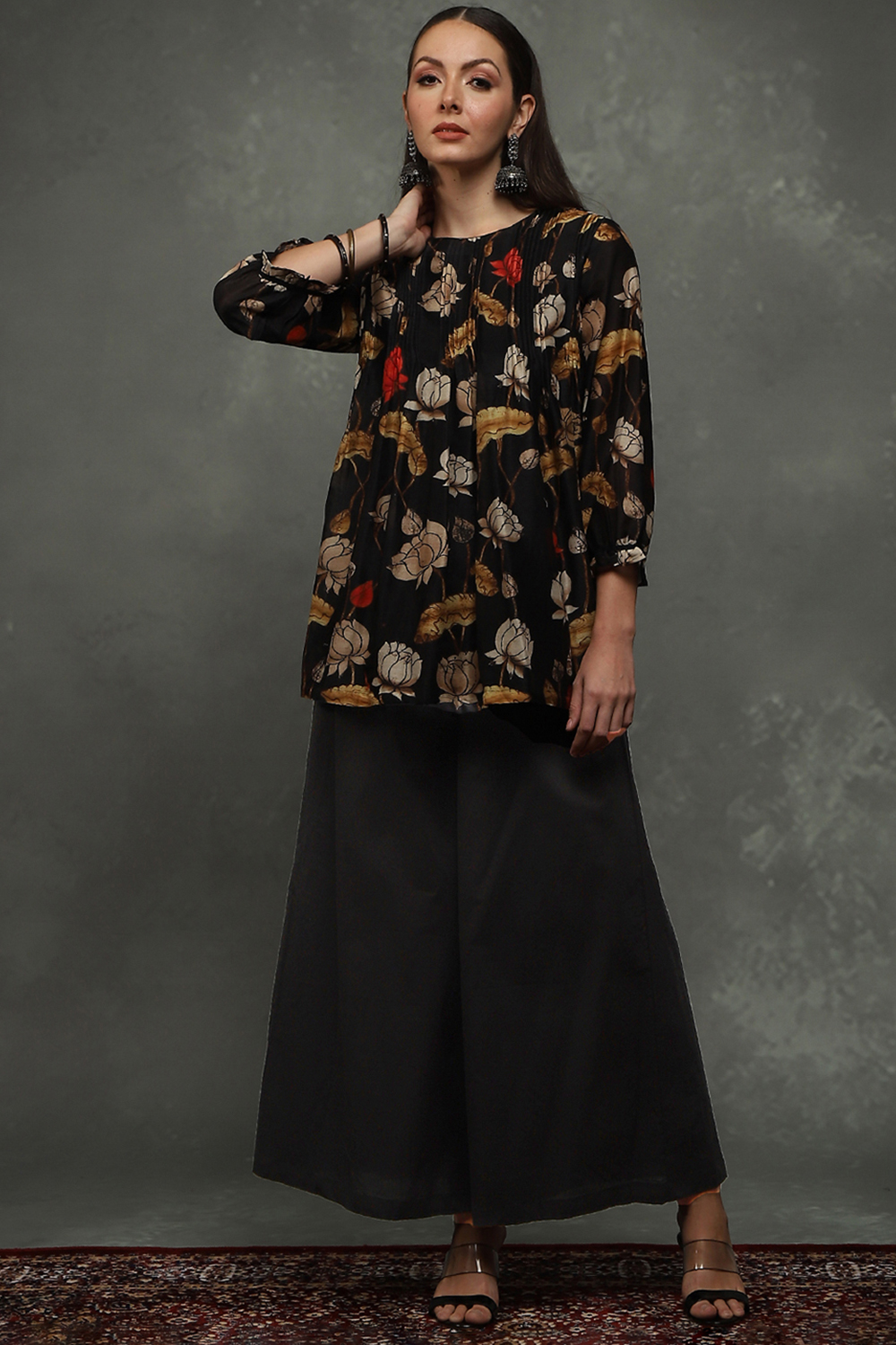 Black Silk Chanderi Floral Printed Gathered Co-ord Set image number 6
