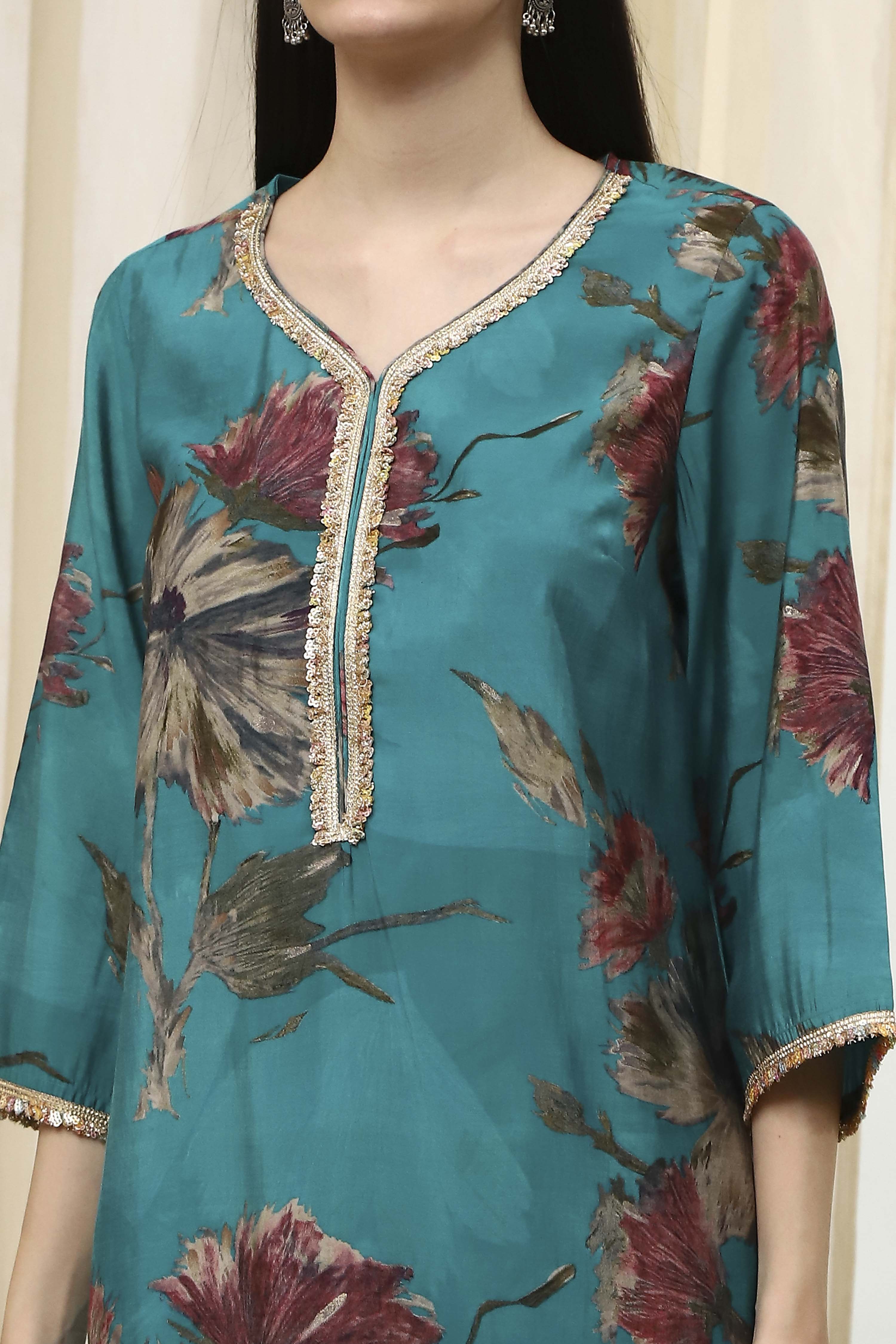Blue Floral Printed Straight Kurta image number 1