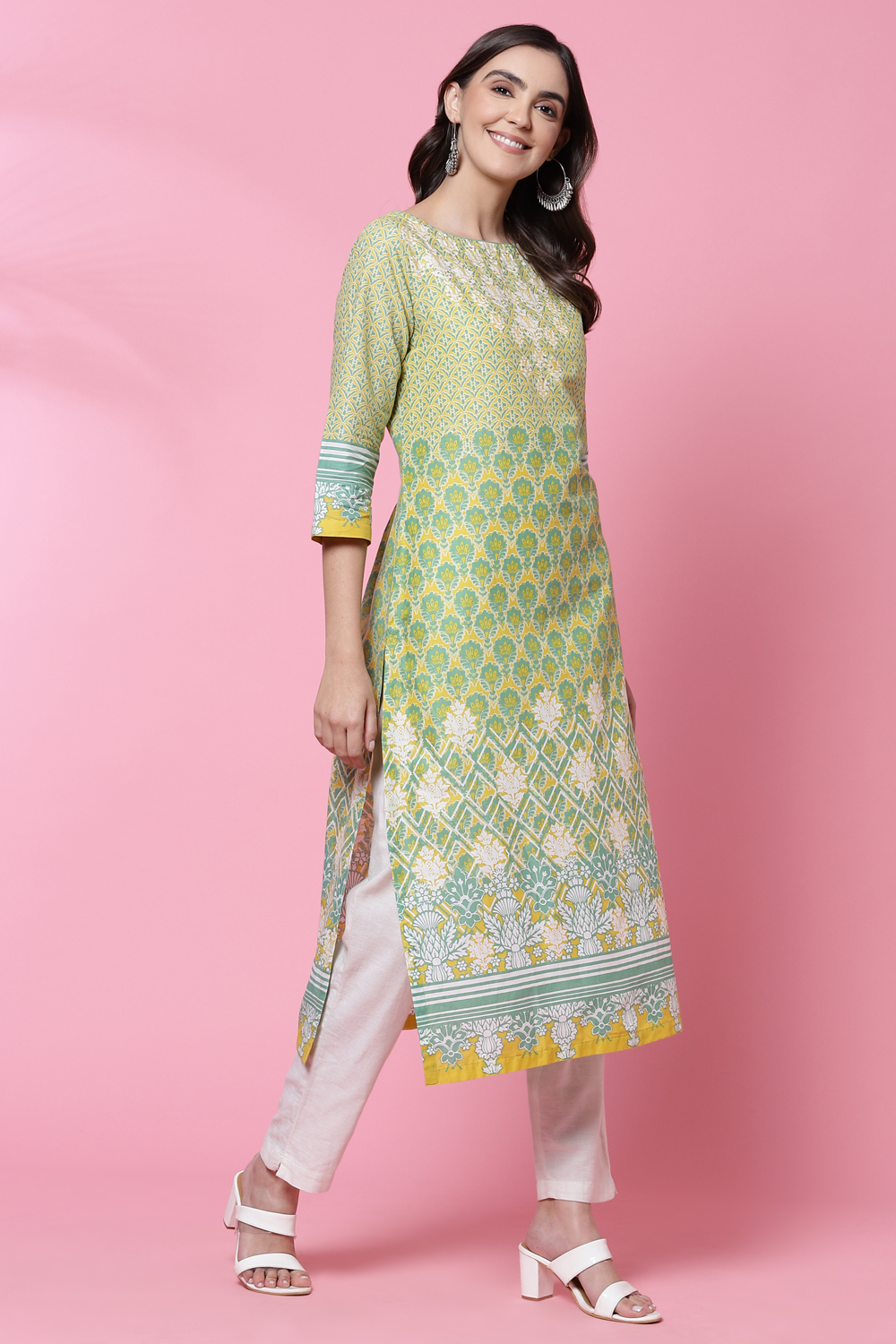 Lime Yellow Cotton Straight Kurta image number 3