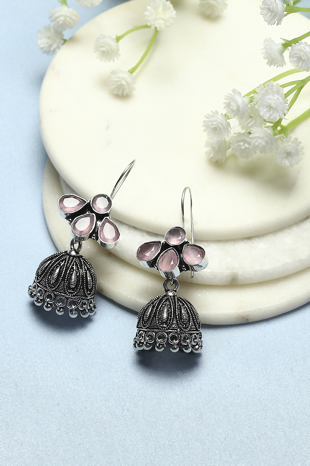 Light Pink Oxidised Stone Studded Jhumkas image number 0