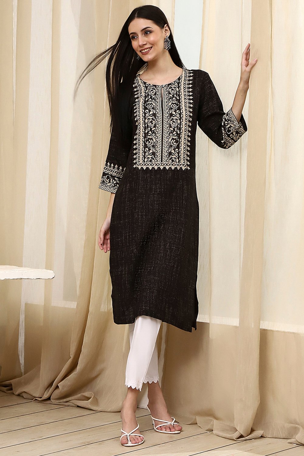 Black Viscose Blend Straight Kurta image number 0