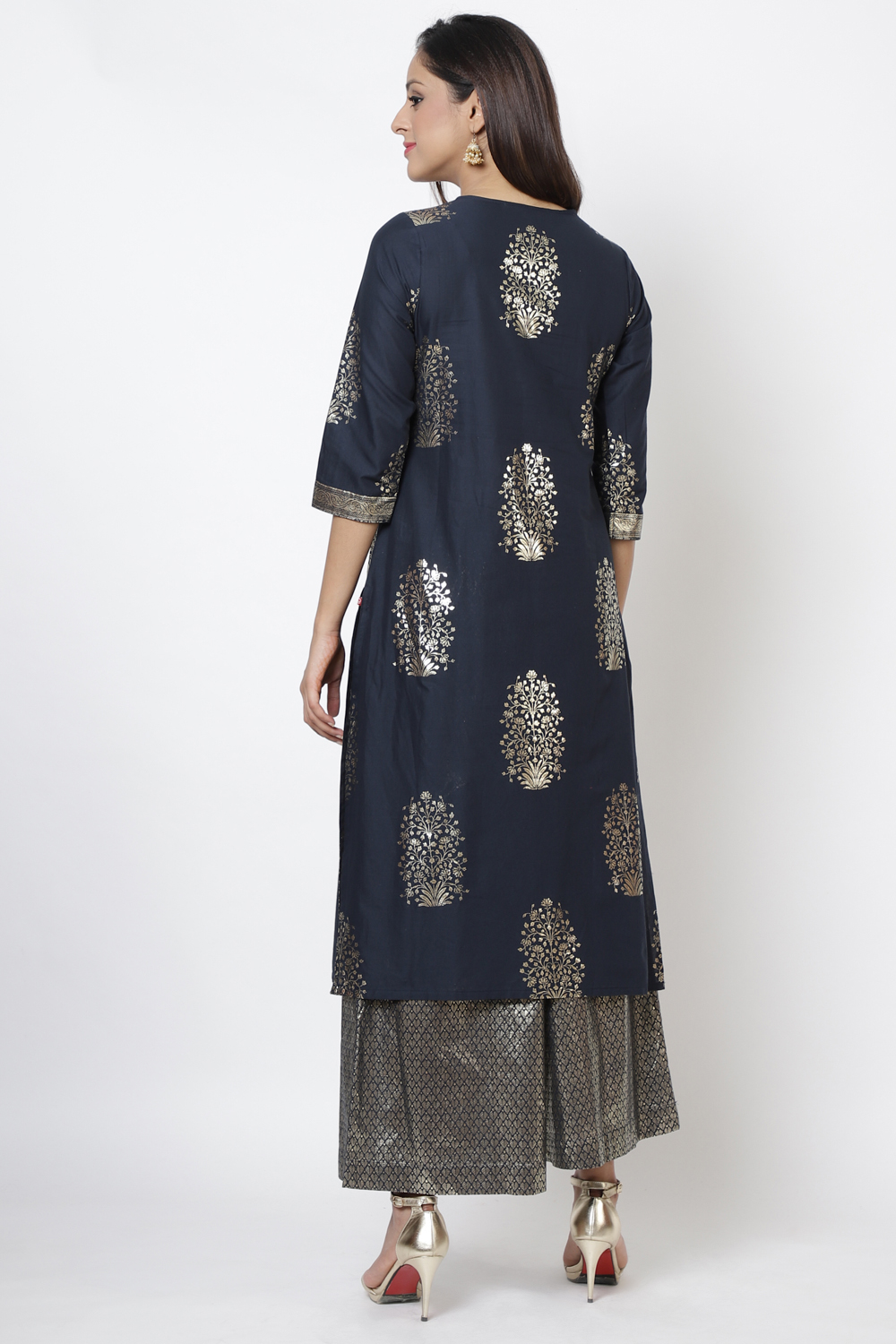 Navy Blue Cotton Straight Kurta Flared Palazzo Suit Set image number 4