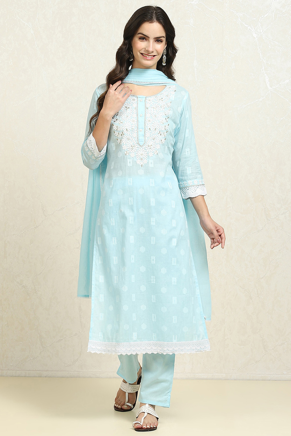 Blue Cotton Handloom Unstitched Suit Set image number 1