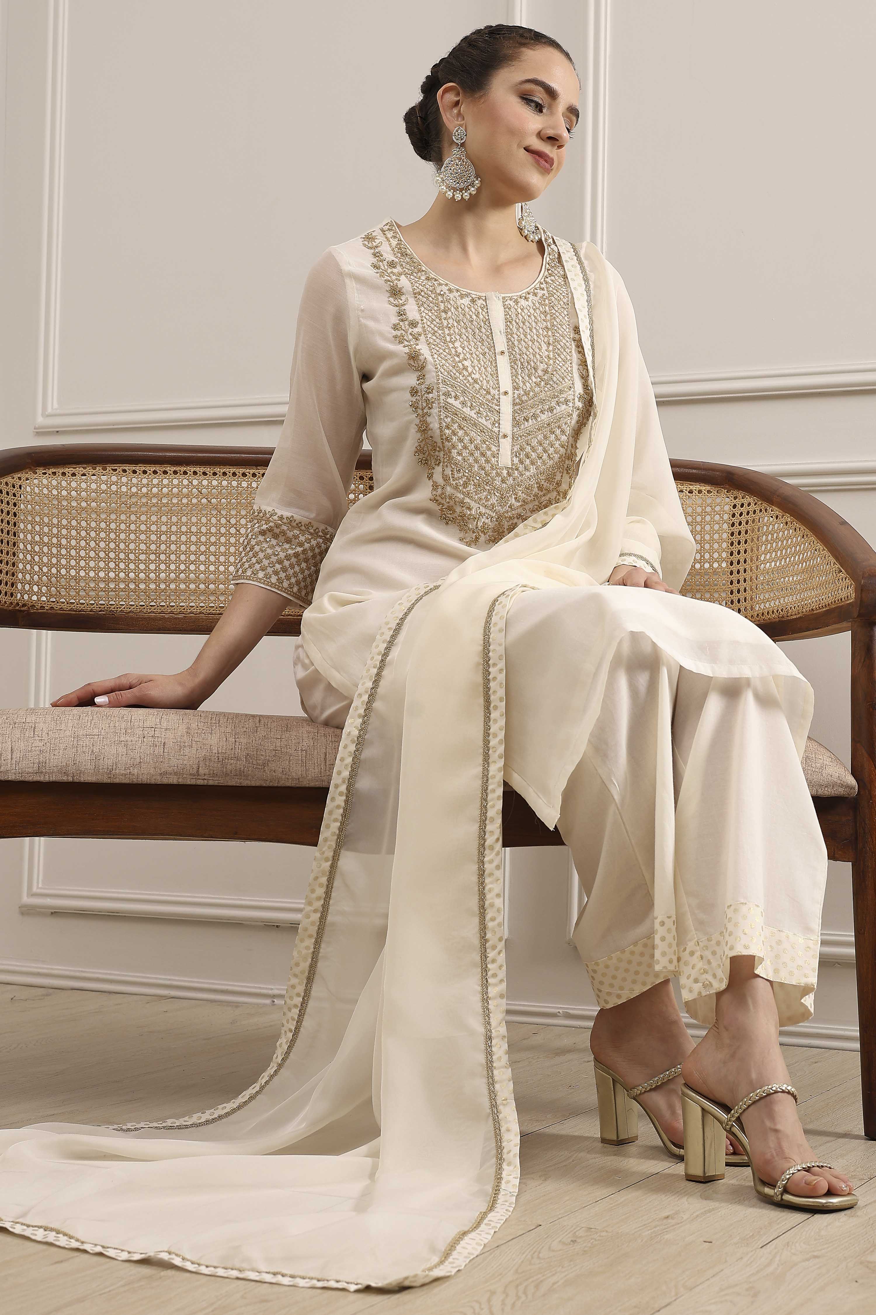 Off White Polyester Straight Dyed Suit Set image number 0